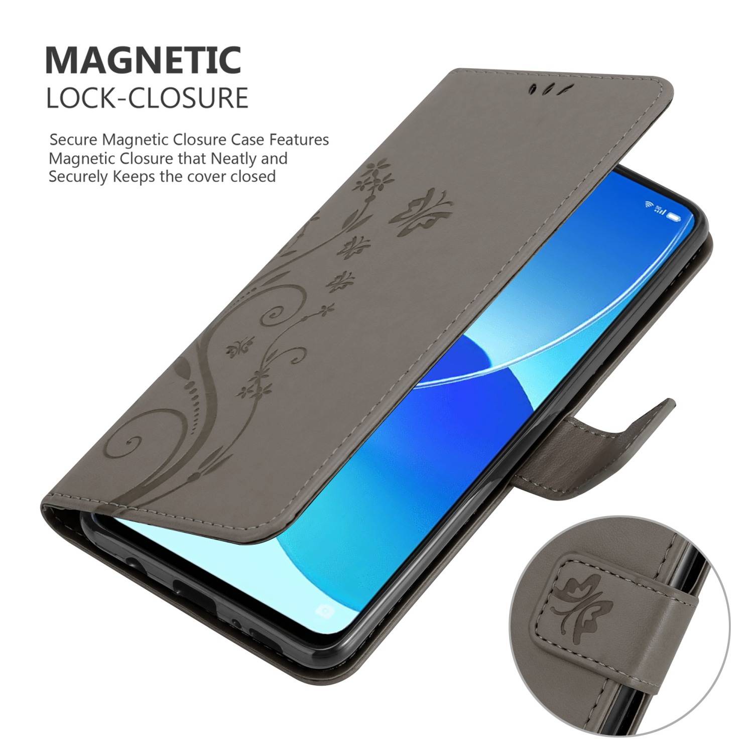 Cadorabo Hülle für Oppo Reno6 5G Schutz Hülle in Grau Schutzhülle Handy Hülle Etui Case Blumen Flower