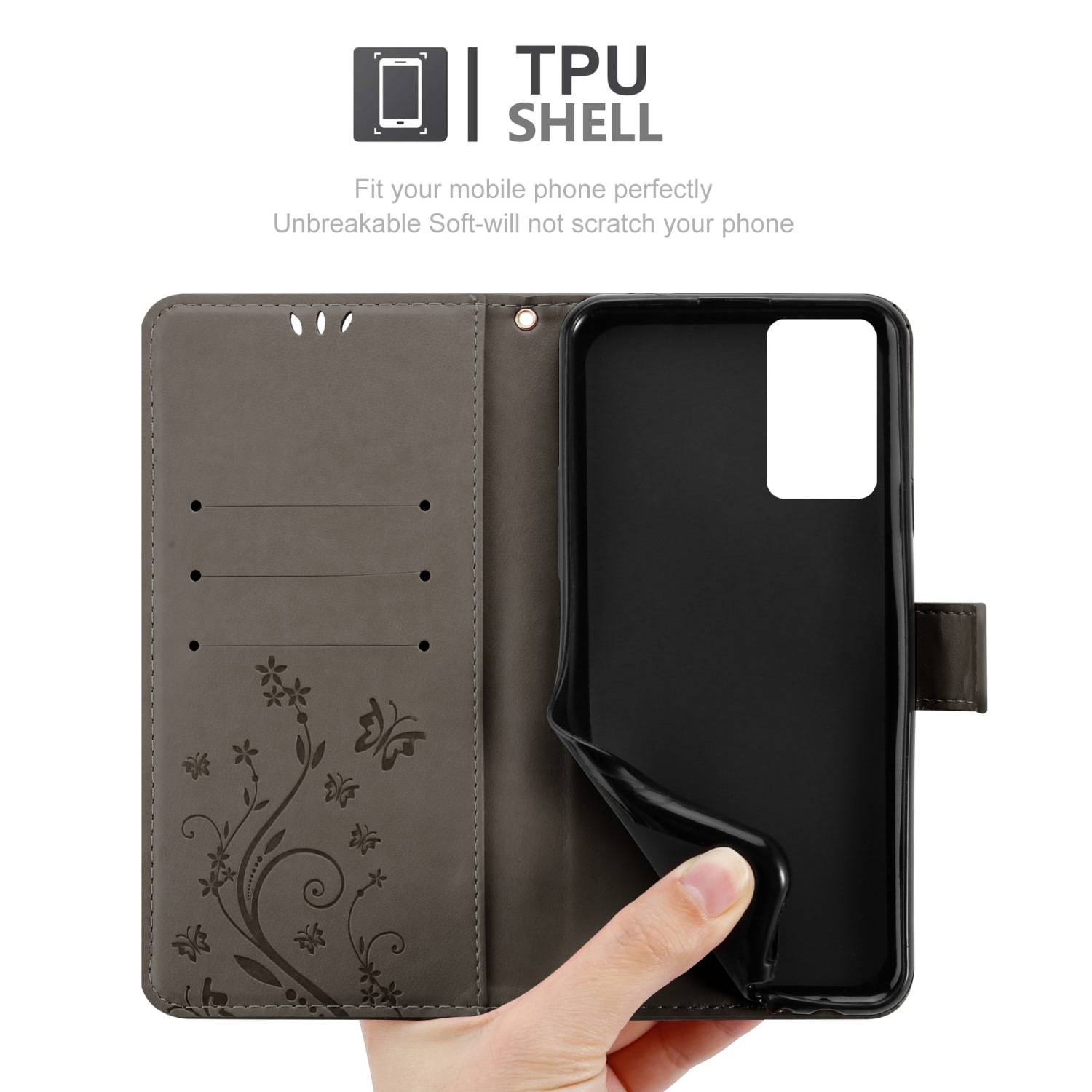 Cadorabo Hülle für Oppo Reno6 5G Schutz Hülle in Grau Schutzhülle Handy Hülle Etui Case Blumen Flower