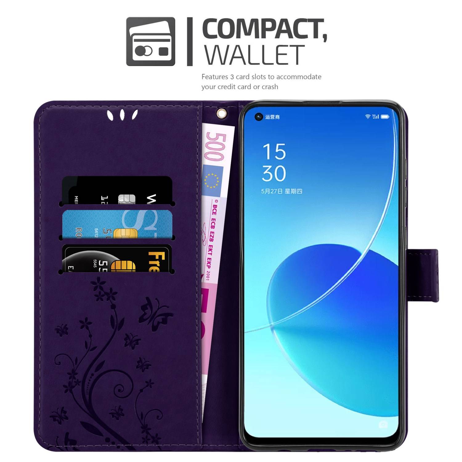 Cadorabo Hülle für Oppo Reno6 5G Schutz Hülle in Lila Schutzhülle Handy Hülle Etui Case Blumen Flower