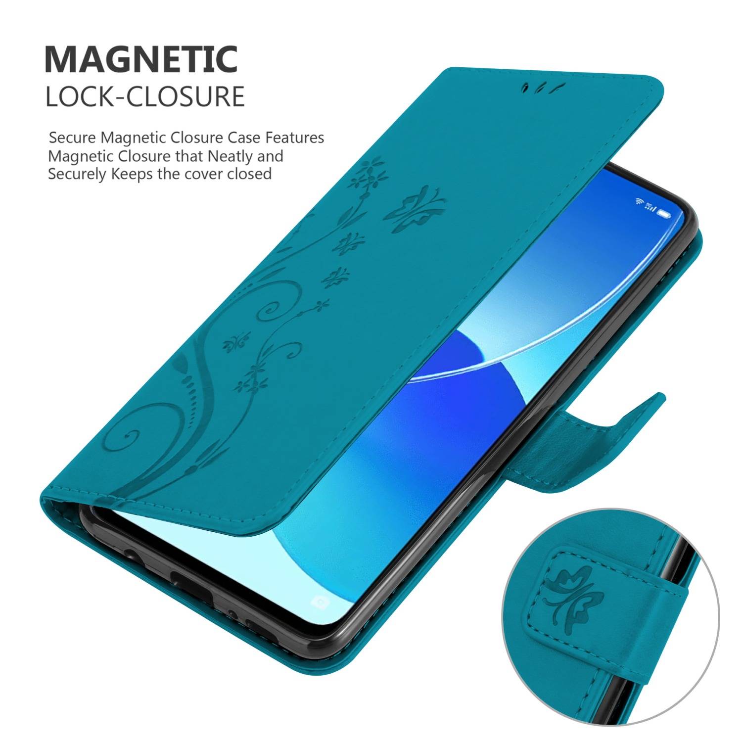 Cadorabo Hülle für Oppo Reno6 5G Schutz Hülle in Blau Schutzhülle Handy Hülle Etui Case Blumen Flower