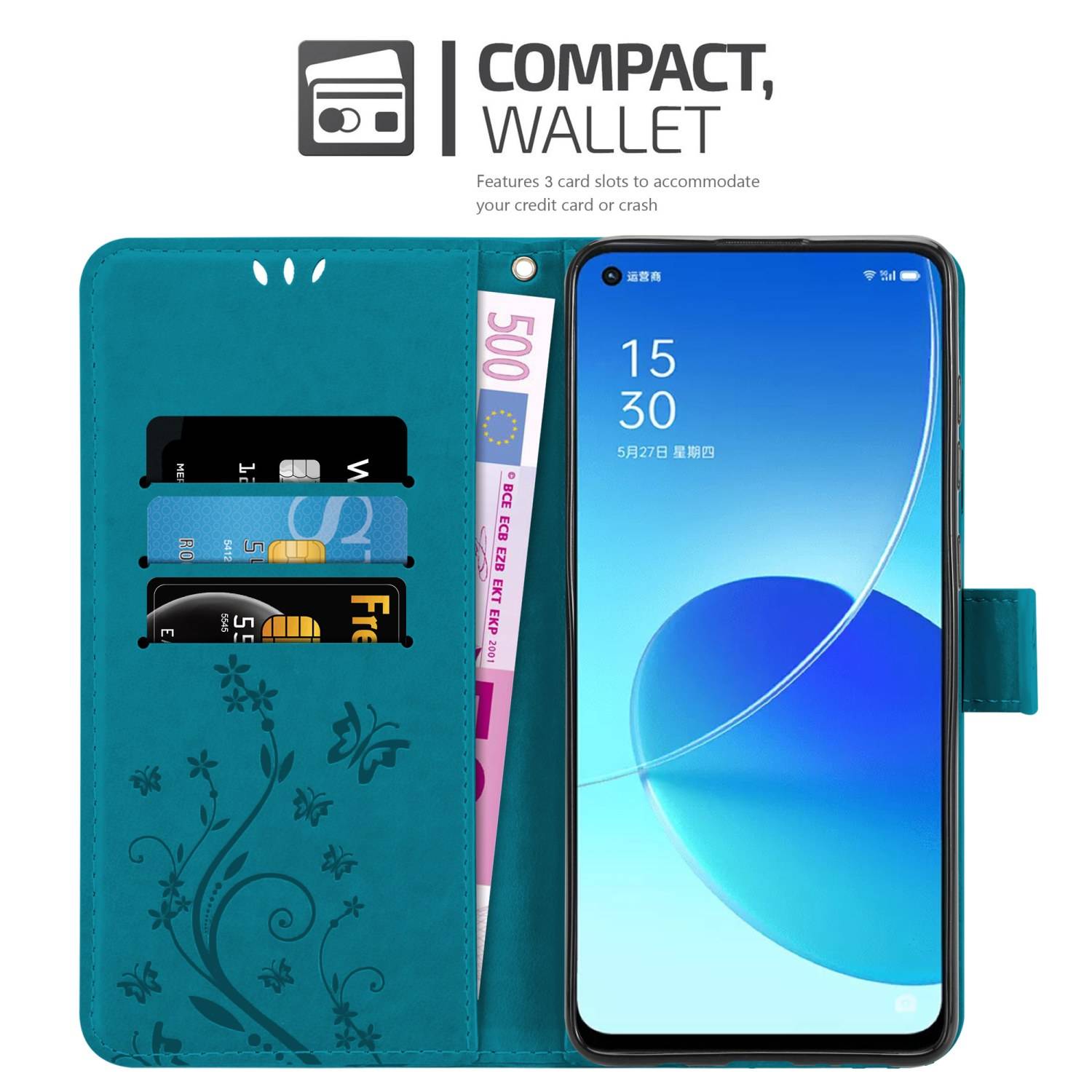 Cadorabo Hülle für Oppo Reno6 5G Schutz Hülle in Blau Schutzhülle Handy Hülle Etui Case Blumen Flower