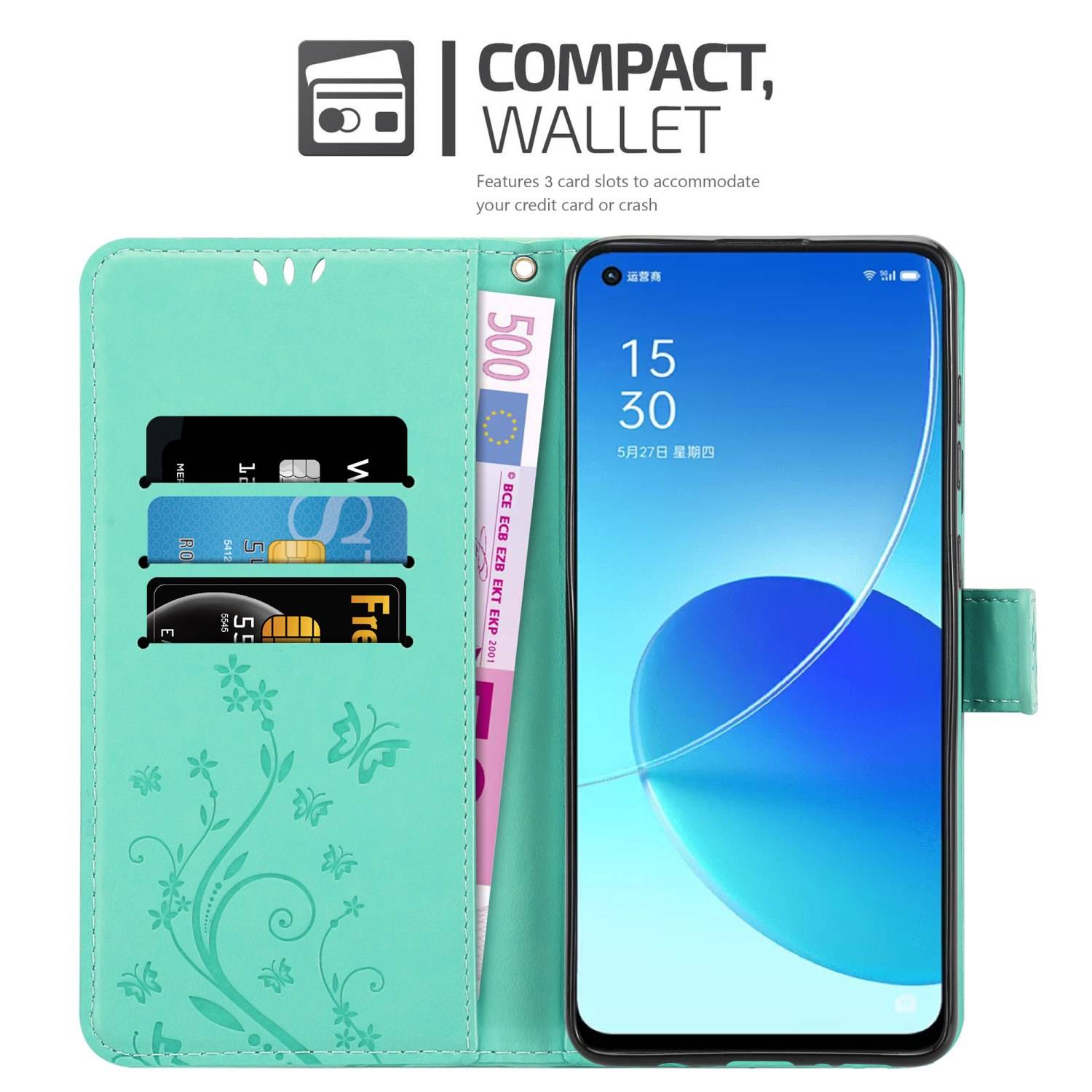 Cadorabo Hülle für Oppo Reno6 5G Schutz Hülle in Türkis Schutzhülle Handy Hülle Etui Case Blumen Flower