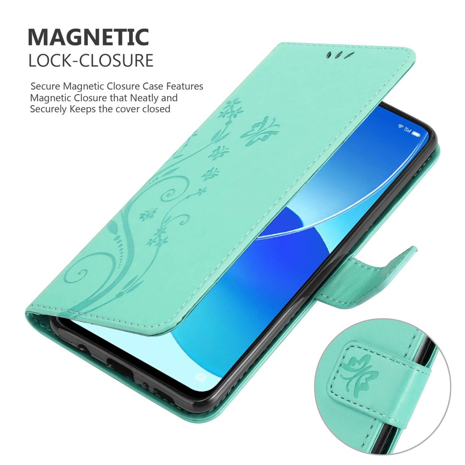 Cadorabo Hülle für Oppo Reno6 5G Schutz Hülle in Türkis Schutzhülle Handy Hülle Etui Case Blumen Flower
