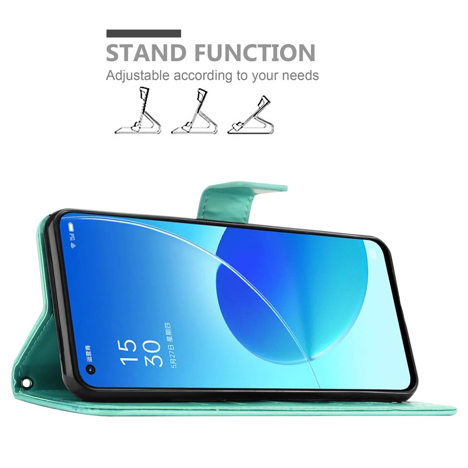 Cadorabo Hülle für Oppo Reno6 5G Schutz Hülle in Türkis Schutzhülle Handy Hülle Etui Case Blumen Flower