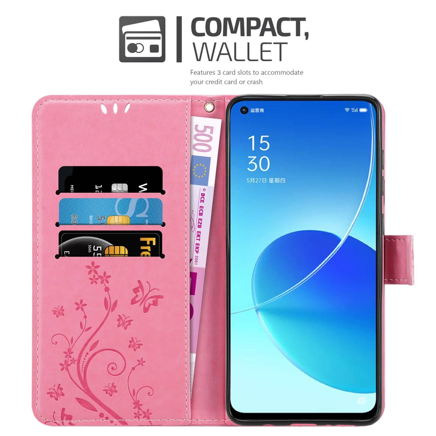 Cadorabo Hülle für Oppo Reno6 5G Schutz Hülle in Rosa Schutzhülle Handy Hülle Etui Case Blumen Flower
