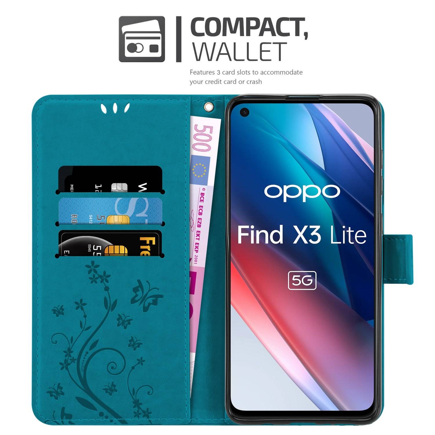 Cadorabo Hülle für Oppo FIND X3 LITE Schutz Hülle in Blau Schutzhülle Handy Hülle Etui Case Blumen Flower