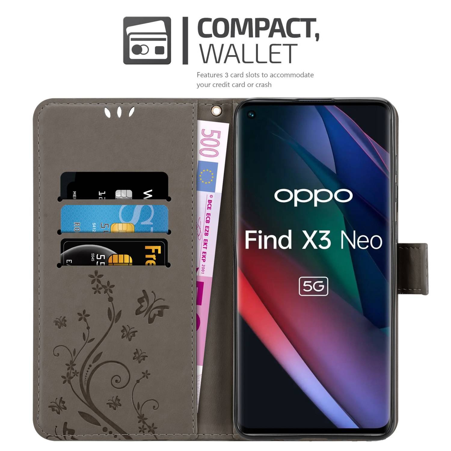 Cadorabo Hülle für Oppo FIND X3 NEO Schutz Hülle in Grau Schutzhülle Handy Hülle Etui Case Blumen Flower