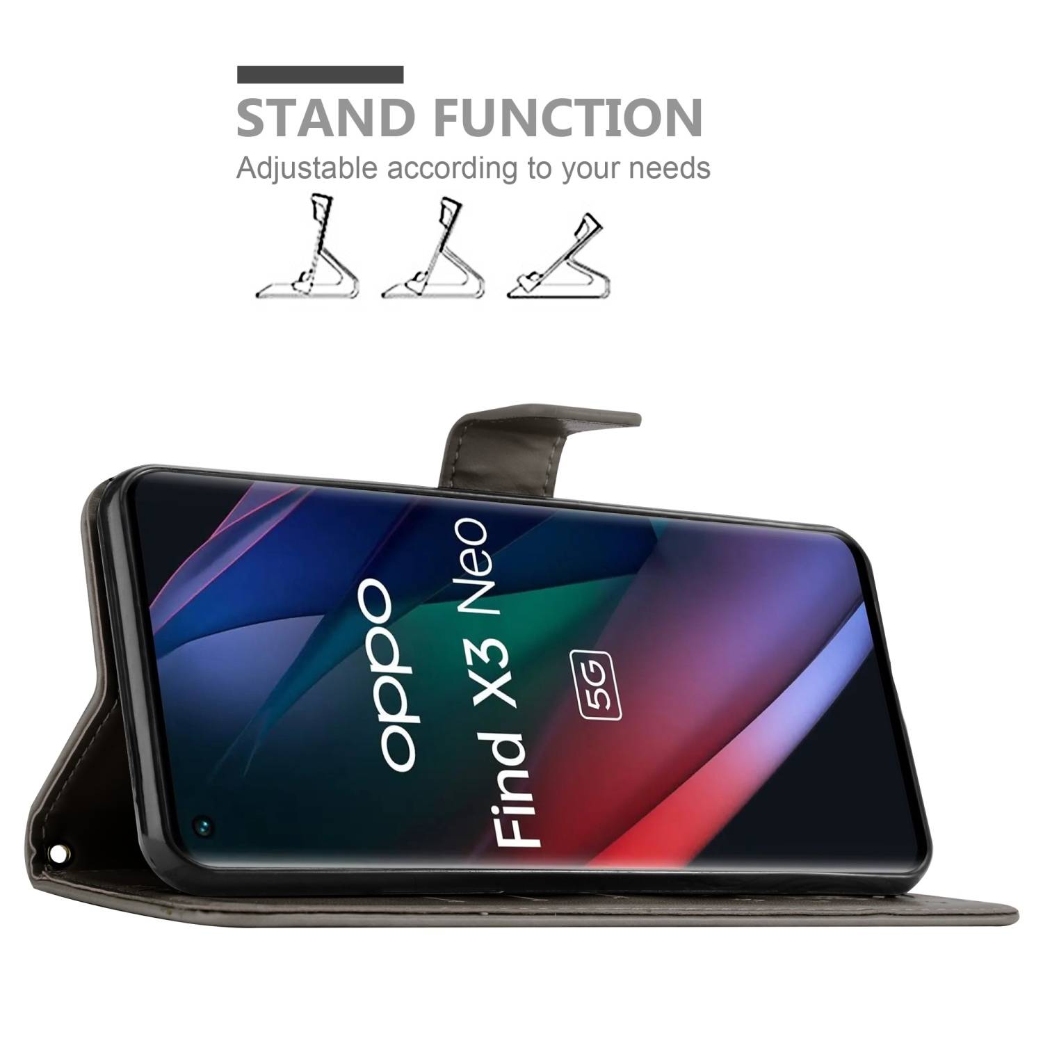 Cadorabo Hülle für Oppo FIND X3 NEO Schutz Hülle in Grau Schutzhülle Handy Hülle Etui Case Blumen Flower