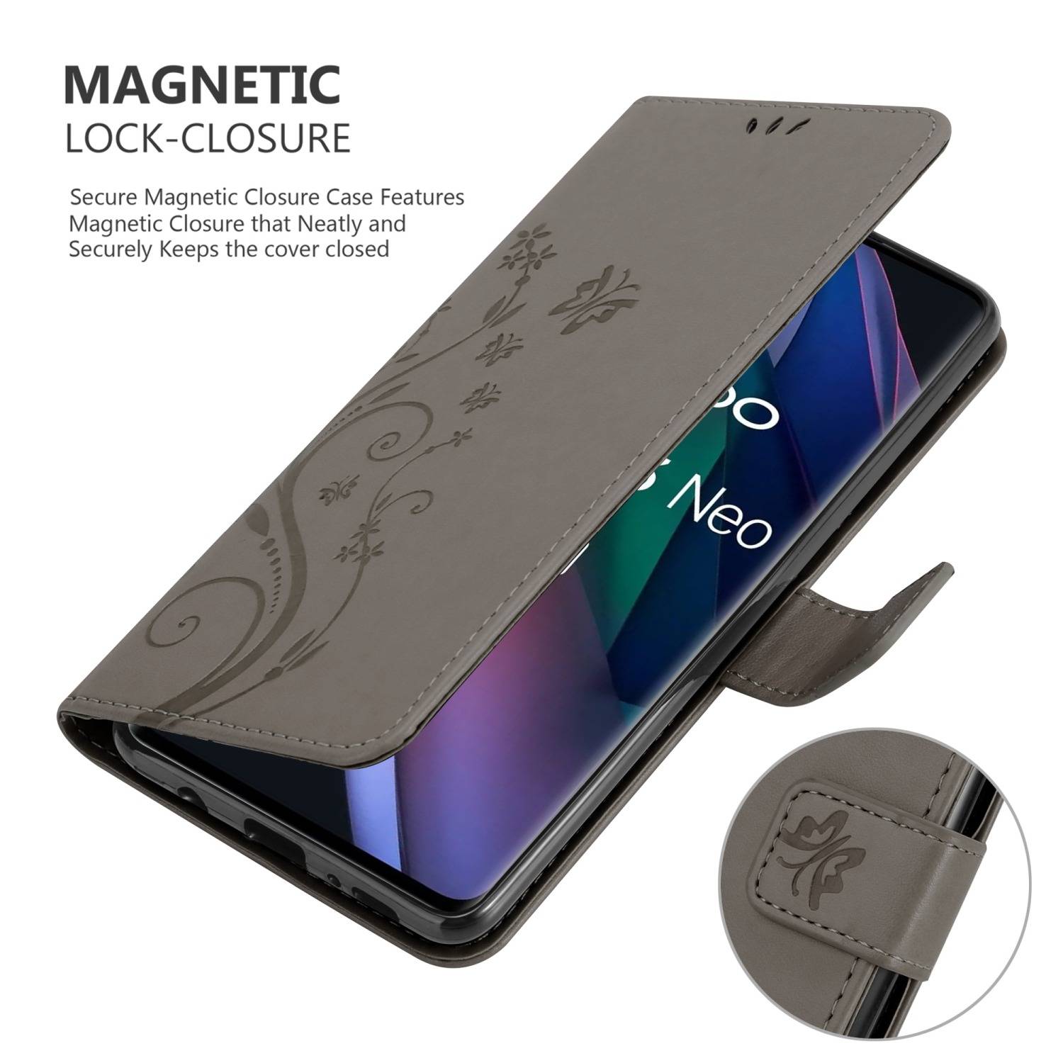 Cadorabo Hülle für Oppo FIND X3 NEO Schutz Hülle in Grau Schutzhülle Handy Hülle Etui Case Blumen Flower