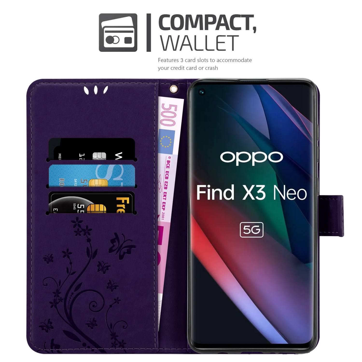 Cadorabo Hülle für Oppo FIND X3 NEO Schutz Hülle in Lila Schutzhülle Handy Hülle Etui Case Blumen Flower