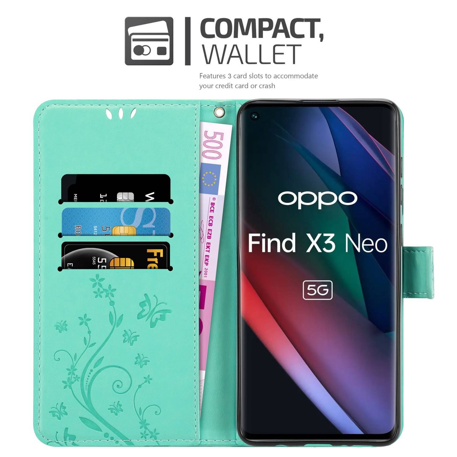 Cadorabo Hülle für Oppo FIND X3 NEO Schutz Hülle in Türkis Schutzhülle Handy Hülle Etui Case Blumen Flower