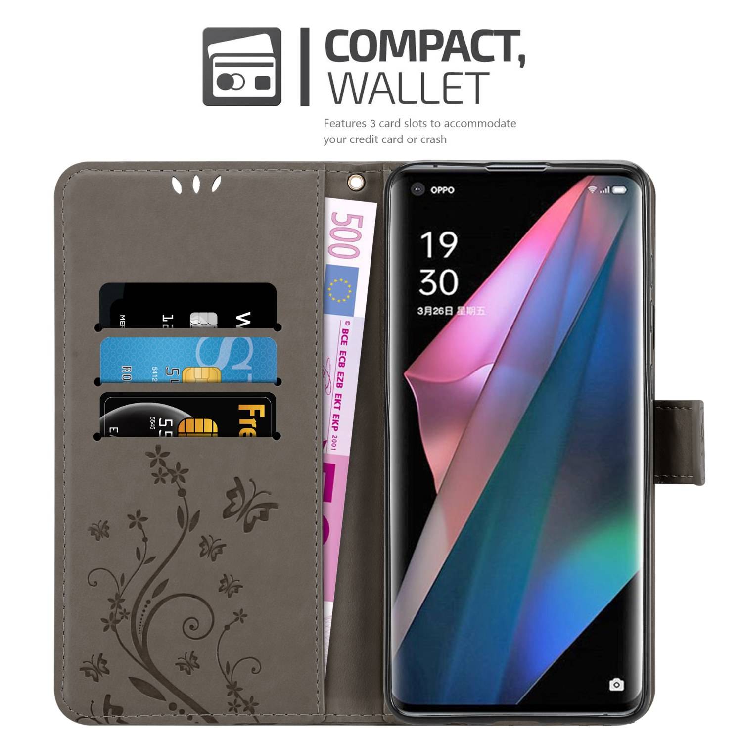 Cadorabo Hülle für Oppo FIND X3 PRO Schutz Hülle in Grau Schutzhülle Handy Hülle Etui Case Blumen Flower