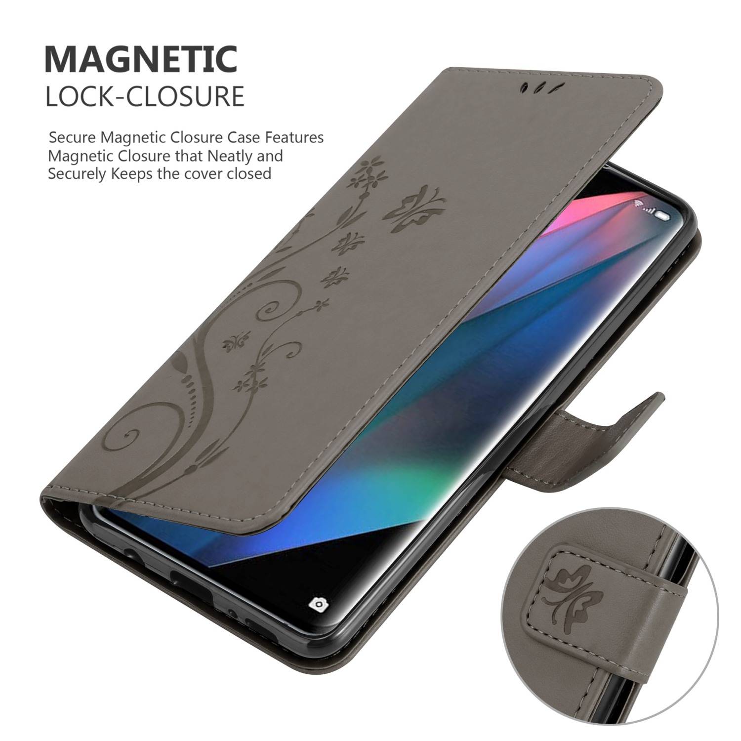 Cadorabo Hülle für Oppo FIND X3 PRO Schutz Hülle in Grau Schutzhülle Handy Hülle Etui Case Blumen Flower