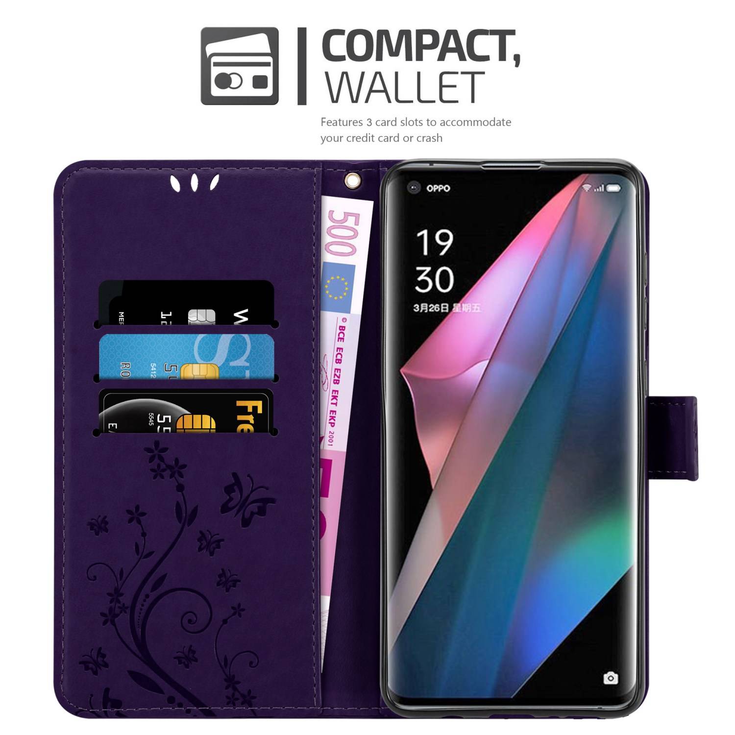 Cadorabo Hülle für Oppo FIND X3 PRO Schutz Hülle in Lila Schutzhülle Handy Hülle Etui Case Blumen Flower