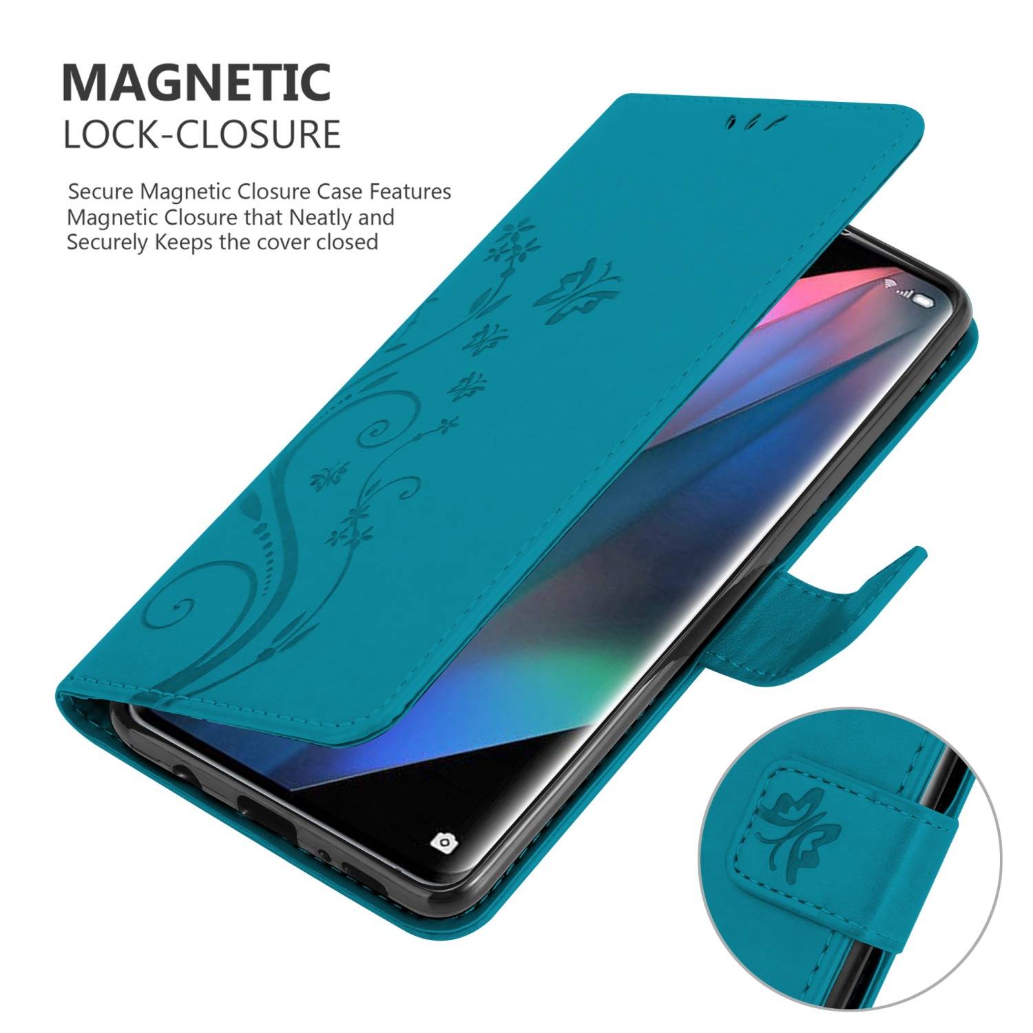 Cadorabo Hülle für Oppo FIND X3 PRO Schutz Hülle in Blau Schutzhülle Handy Hülle Etui Case Blumen Flower