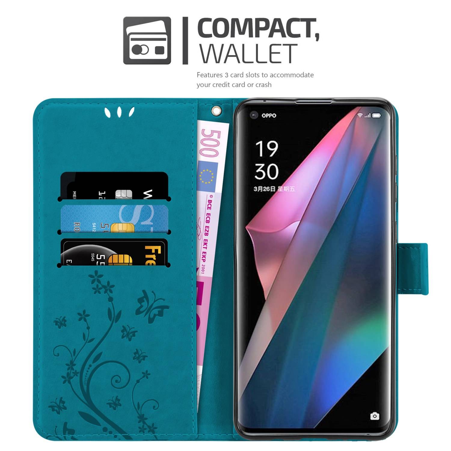 Cadorabo Hülle für Oppo FIND X3 PRO Schutz Hülle in Blau Schutzhülle Handy Hülle Etui Case Blumen Flower