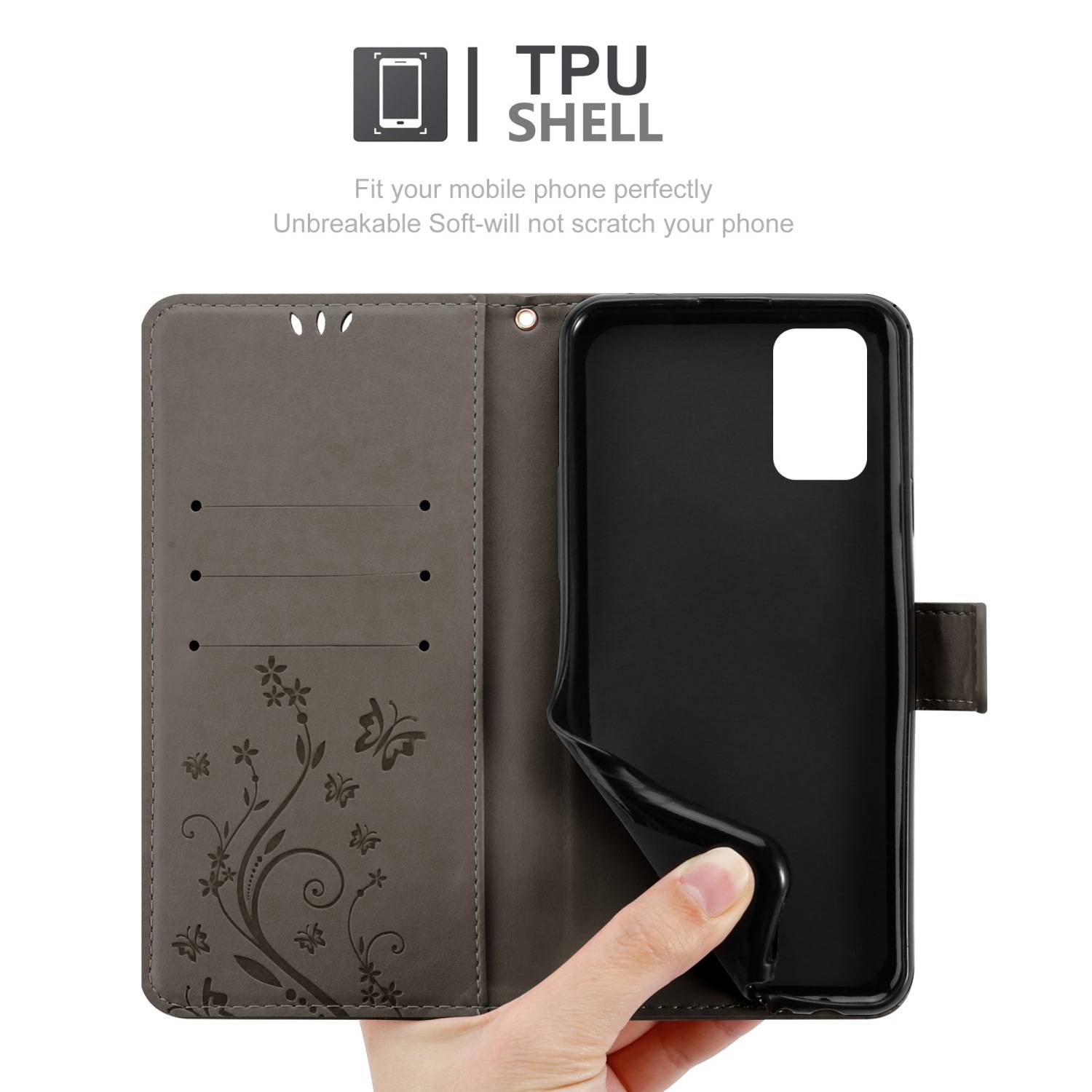 Cadorabo Hülle für Samsung Galaxy A03s Schutz Hülle in Grau Schutzhülle Handy Hülle Etui Case Blumen Flower