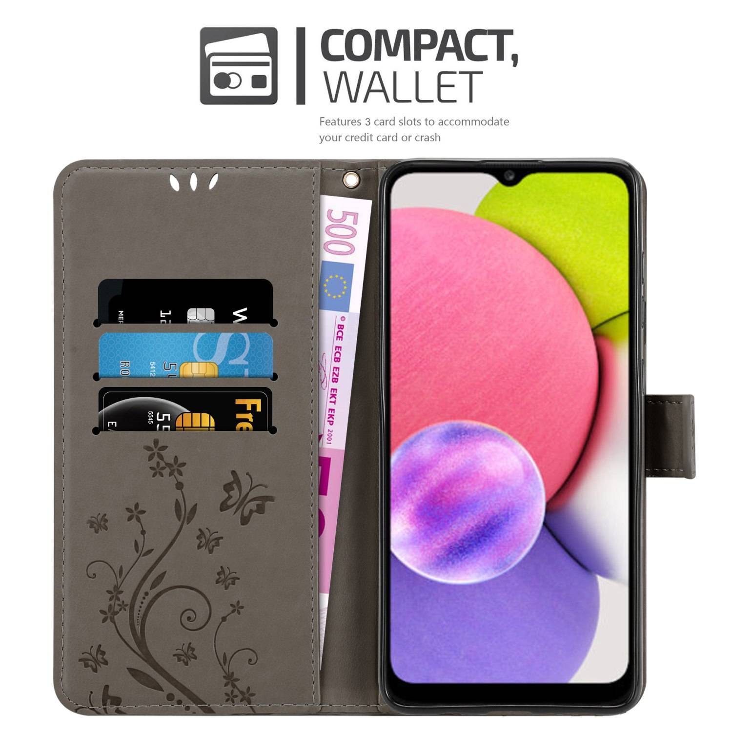 Cadorabo Hülle für Samsung Galaxy A03s Schutz Hülle in Grau Schutzhülle Handy Hülle Etui Case Blumen Flower