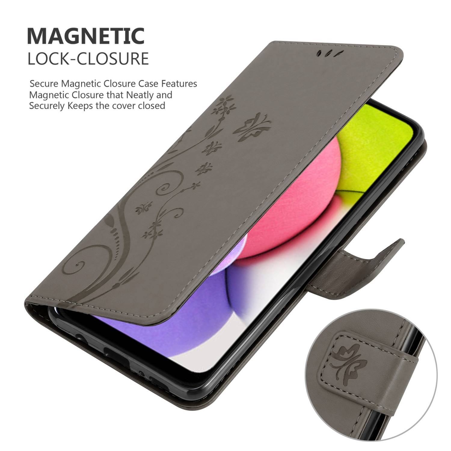 Cadorabo Hülle für Samsung Galaxy A03s Schutz Hülle in Grau Schutzhülle Handy Hülle Etui Case Blumen Flower