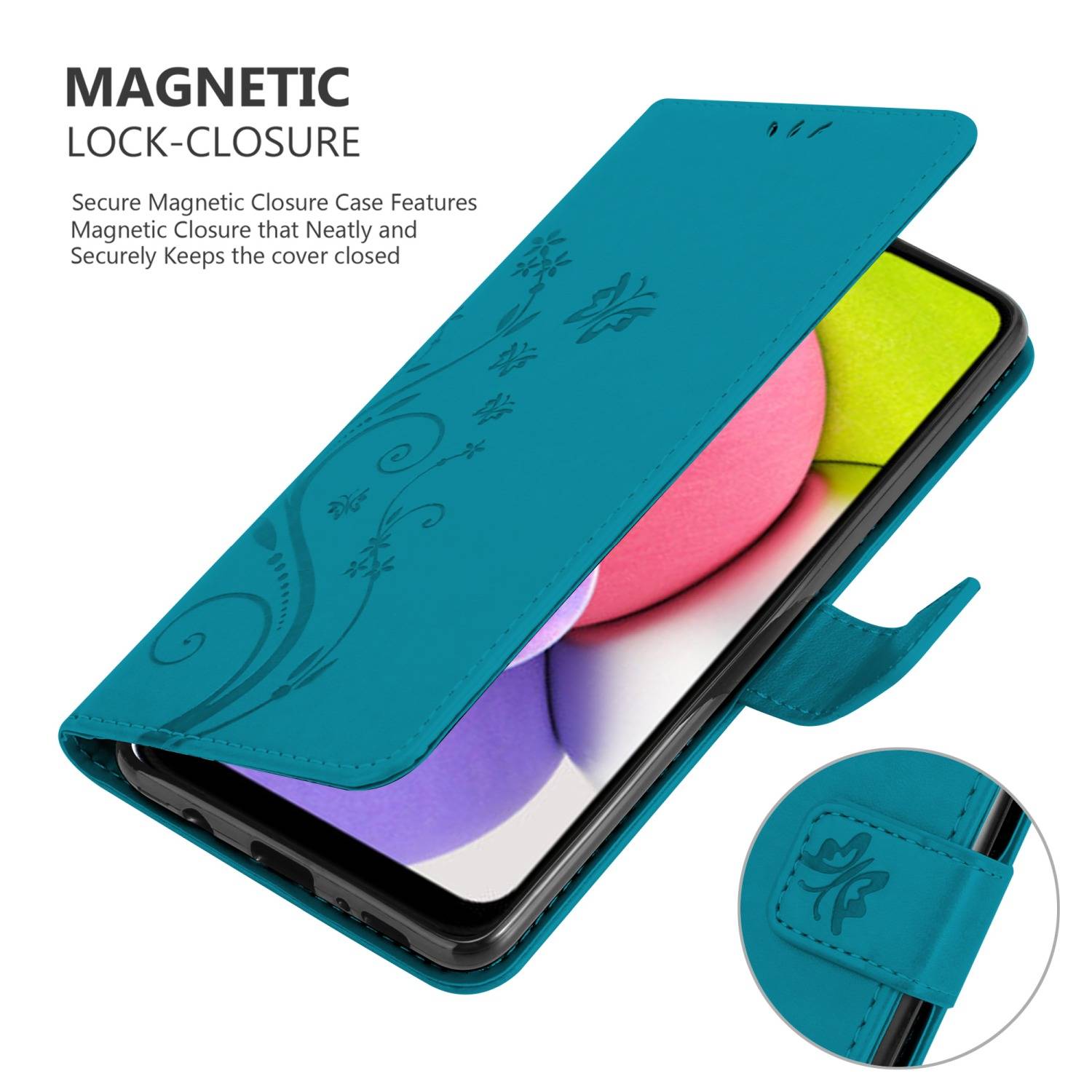Cadorabo Hülle für Samsung Galaxy A03s Schutz Hülle in Blau Schutzhülle Handy Hülle Etui Case Blumen Flower