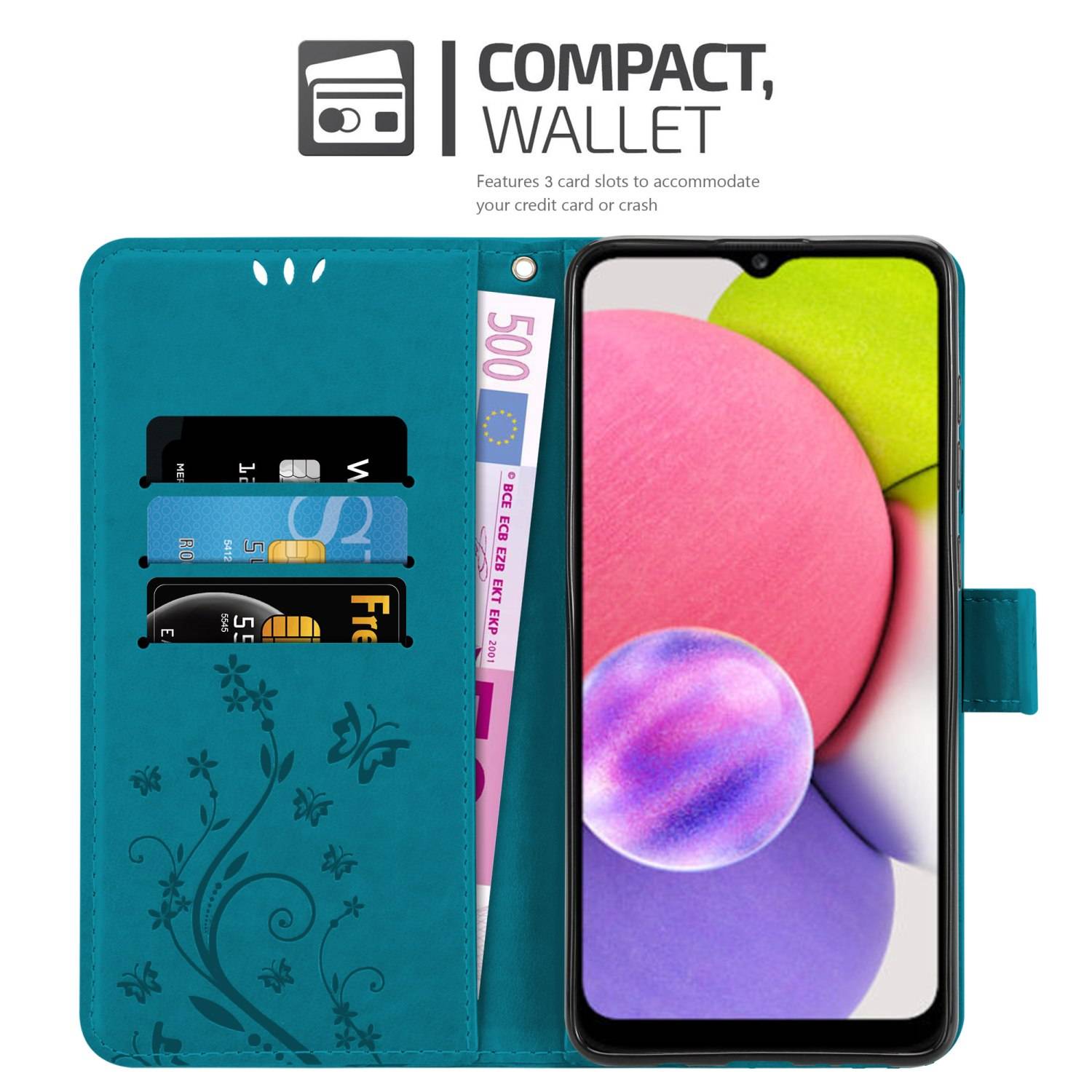 Cadorabo Hülle für Samsung Galaxy A03s Schutz Hülle in Blau Schutzhülle Handy Hülle Etui Case Blumen Flower