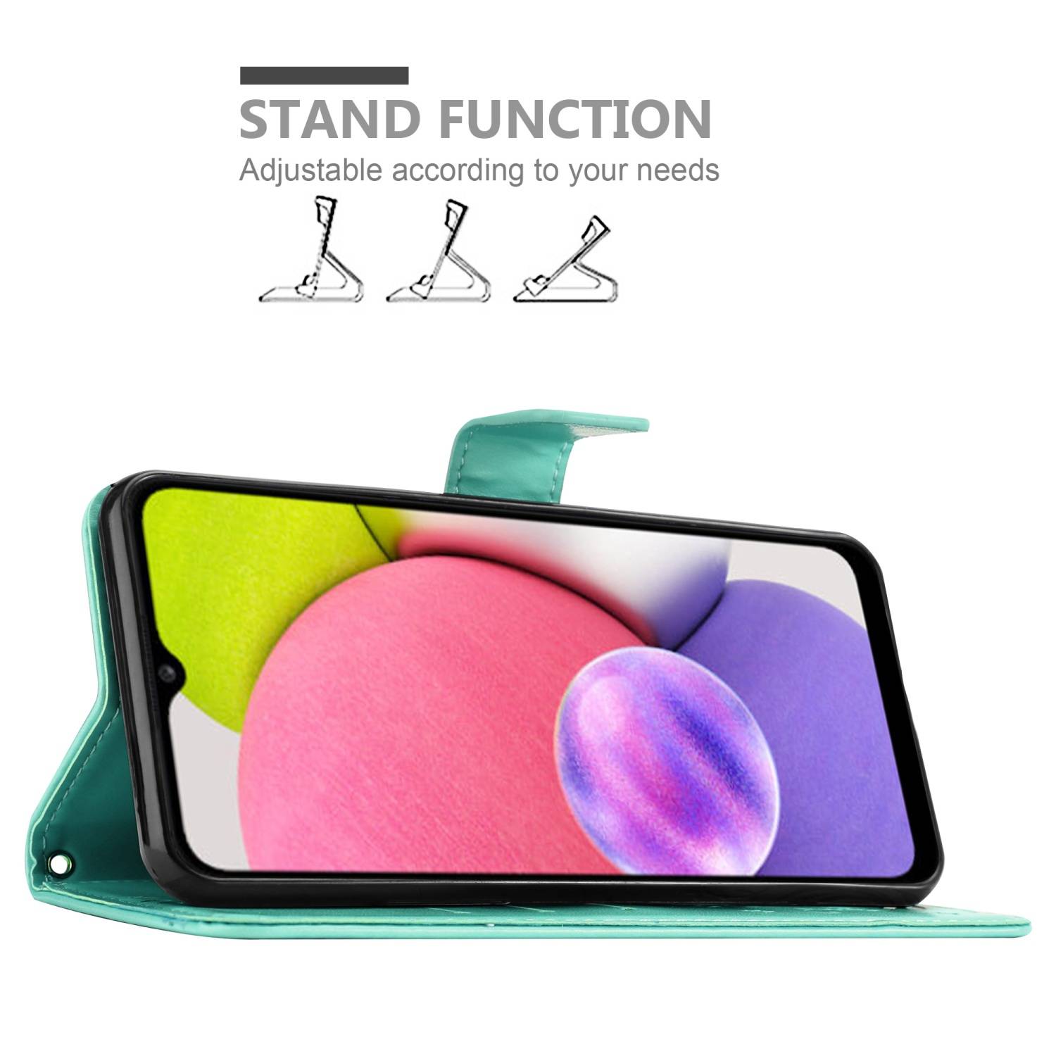 Cadorabo Hülle für Samsung Galaxy A03s Schutz Hülle in Türkis Schutzhülle Handy Hülle Etui Case Blumen Flower