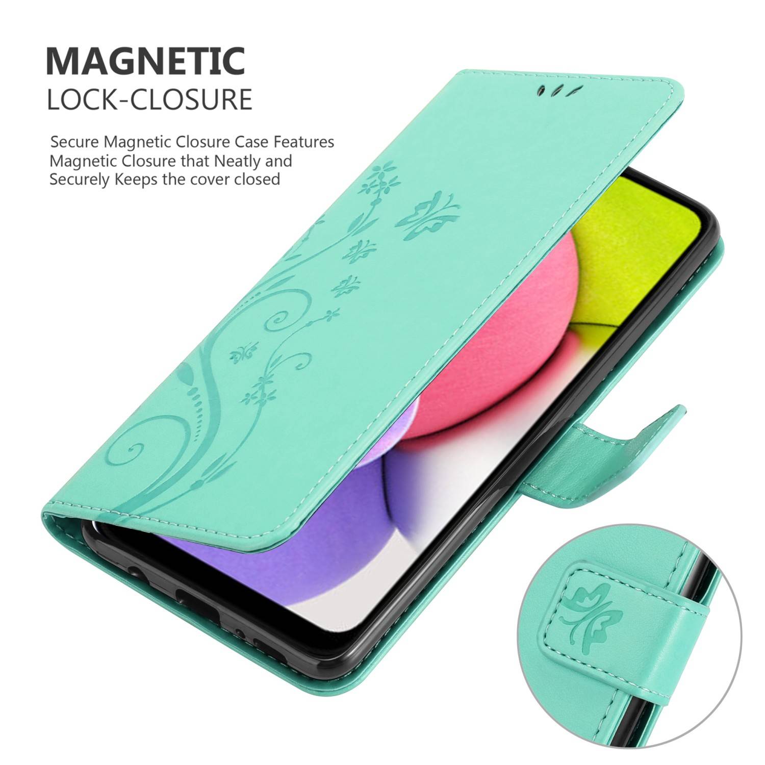 Cadorabo Hülle für Samsung Galaxy A03s Schutz Hülle in Türkis Schutzhülle Handy Hülle Etui Case Blumen Flower