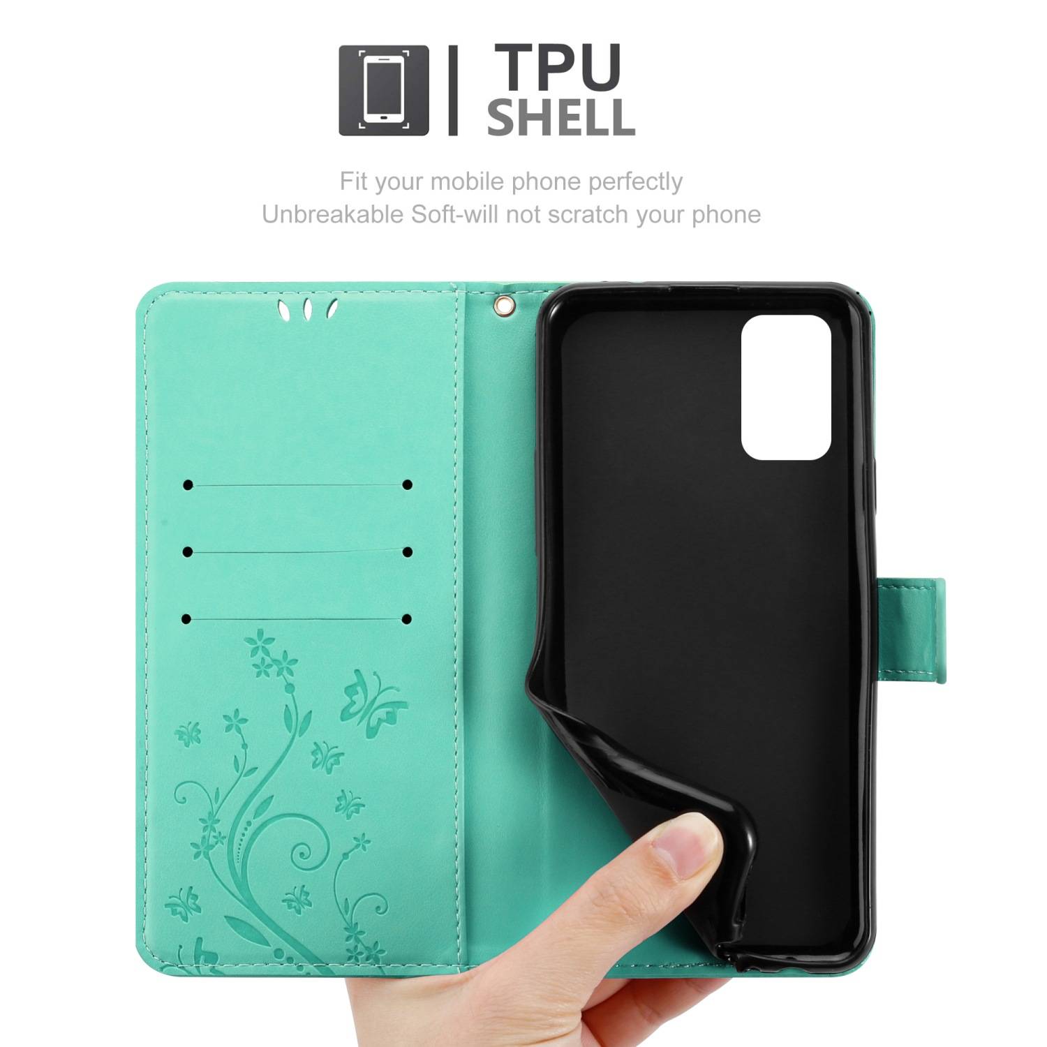 Cadorabo Hülle für Samsung Galaxy A03s Schutz Hülle in Türkis Schutzhülle Handy Hülle Etui Case Blumen Flower