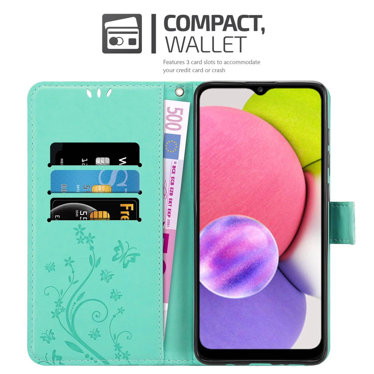 Cadorabo Hülle für Samsung Galaxy A03s Schutz Hülle in Türkis Schutzhülle Handy Hülle Etui Case Blumen Flower