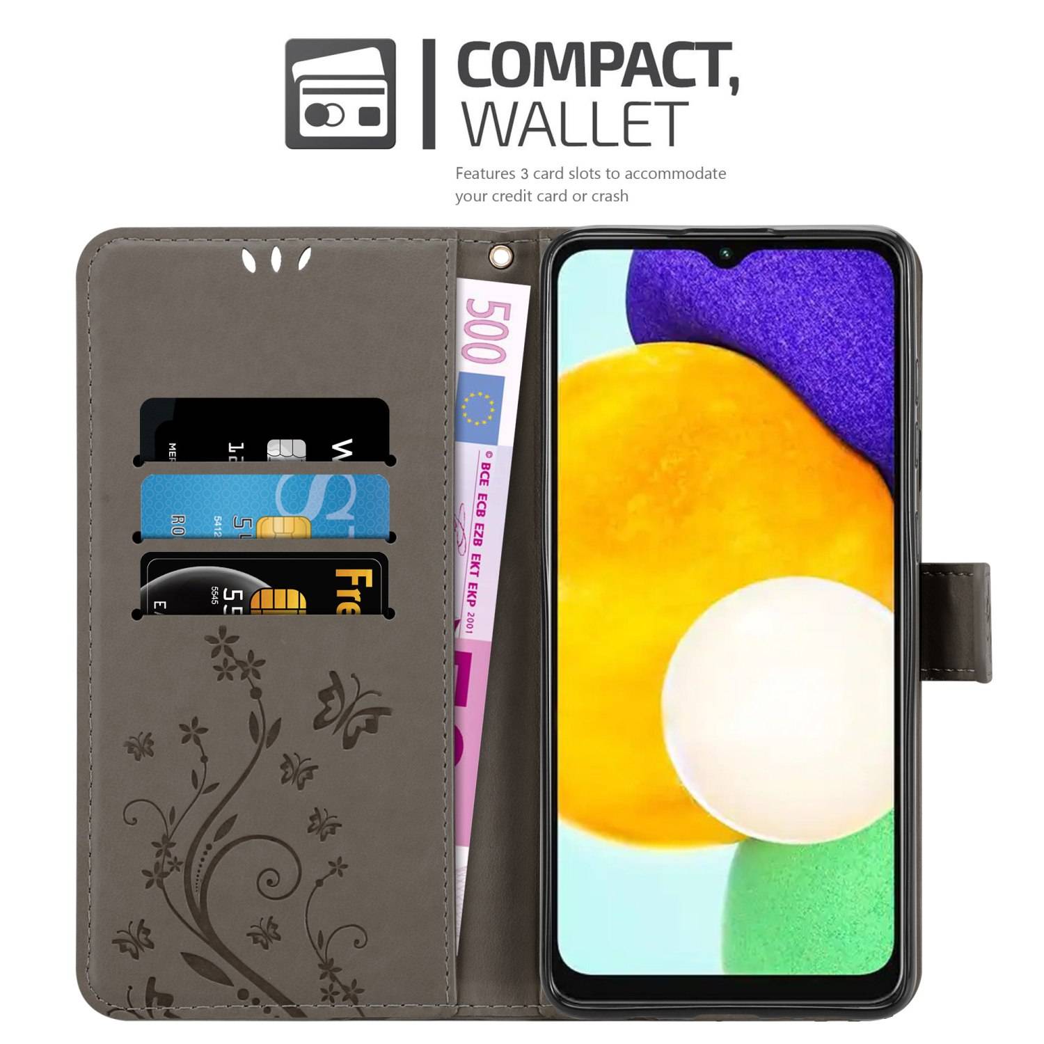 Cadorabo Hülle für Samsung Galaxy A13 5G Schutz Hülle in Grau Schutzhülle Handy Hülle Etui Case Blumen Flower