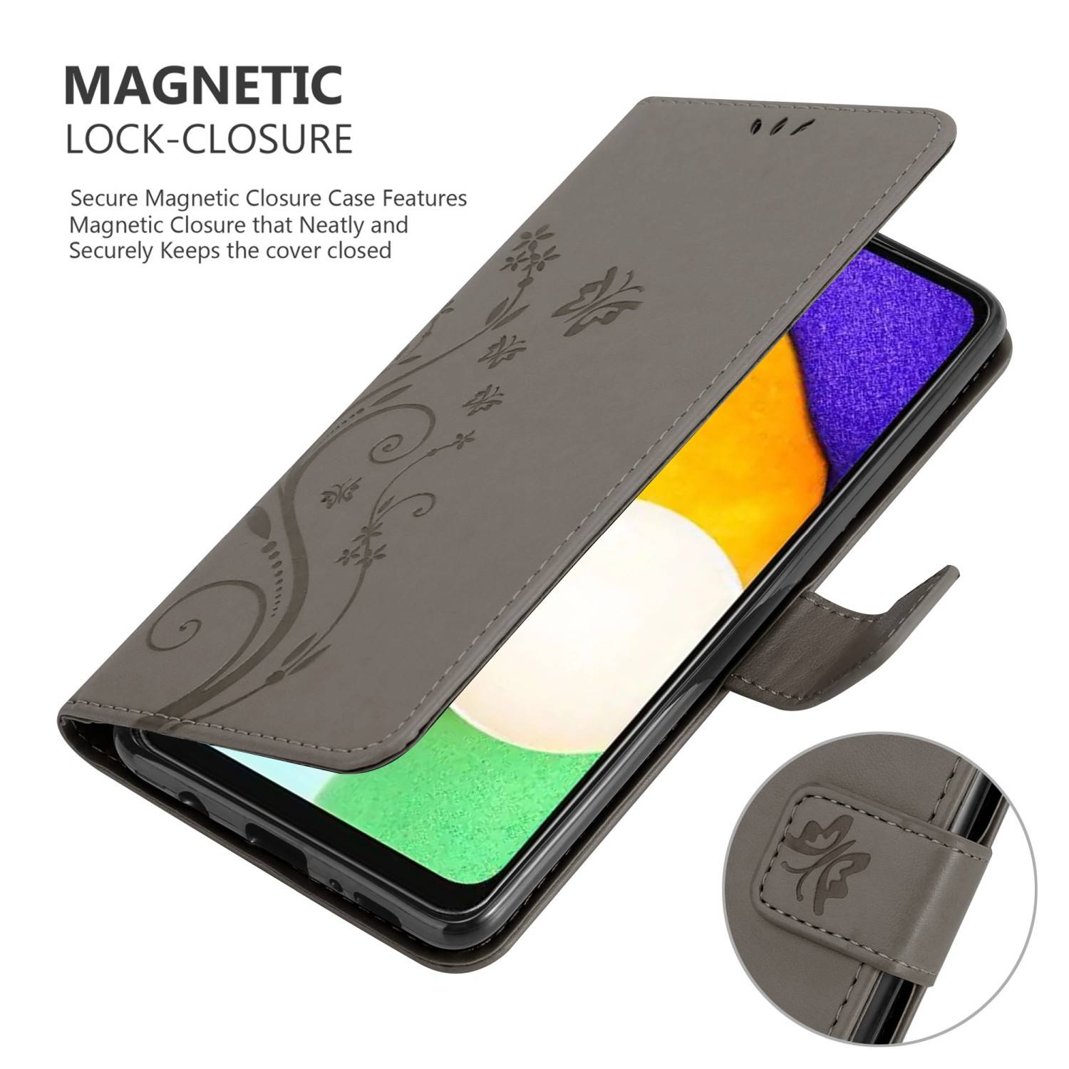 Cadorabo Hülle für Samsung Galaxy A13 5G Schutz Hülle in Grau Schutzhülle Handy Hülle Etui Case Blumen Flower