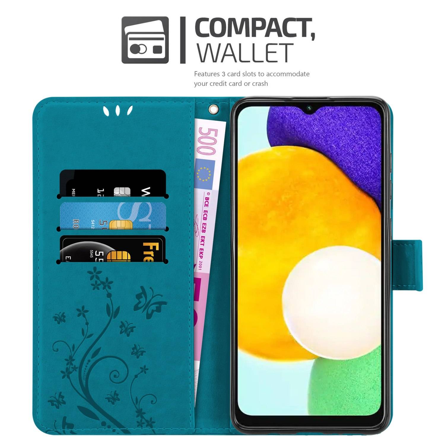 Cadorabo Hülle für Samsung Galaxy A13 5G Schutz Hülle in Blau Schutzhülle Handy Hülle Etui Case Blumen Flower