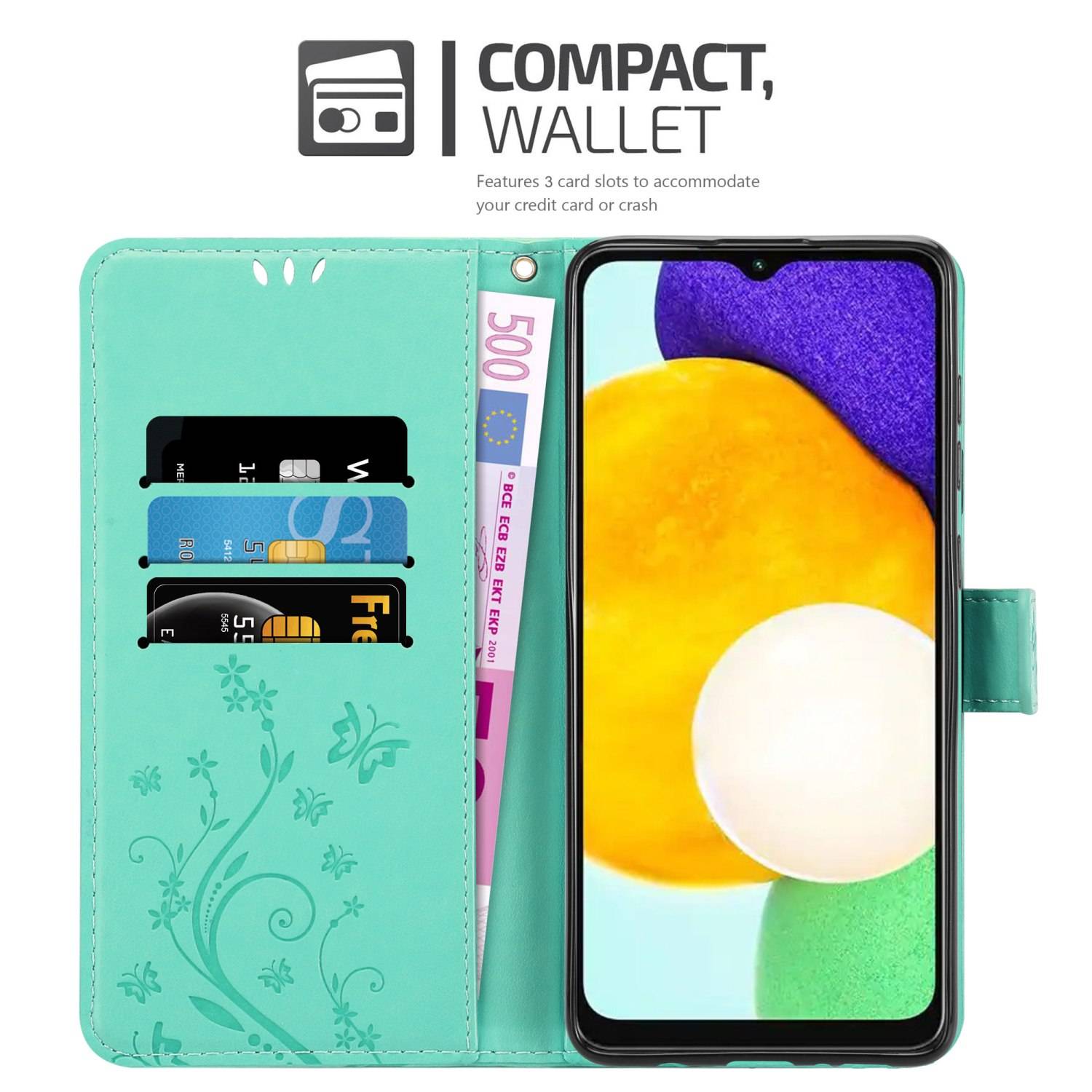 Cadorabo Hülle für Samsung Galaxy A13 5G Schutz Hülle in Türkis Schutzhülle Handy Hülle Etui Case Blumen Flower