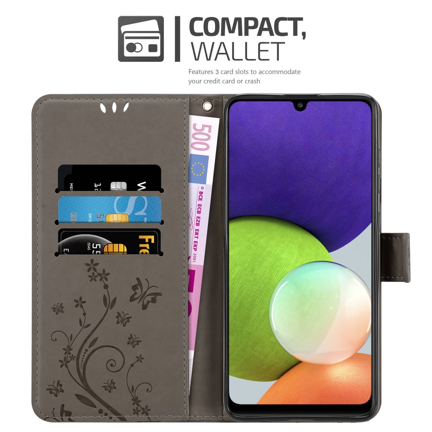 Cadorabo Hülle für Samsung Galaxy A22 4G / M22 / M32 4G Schutz Hülle in Grau Schutzhülle Handy Hülle Etui Case Blumen