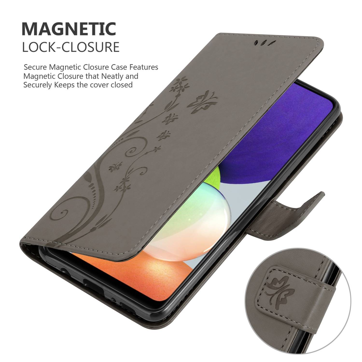 Cadorabo Hülle für Samsung Galaxy A22 4G / M22 / M32 4G Schutz Hülle in Grau Schutzhülle Handy Hülle Etui Case Blumen