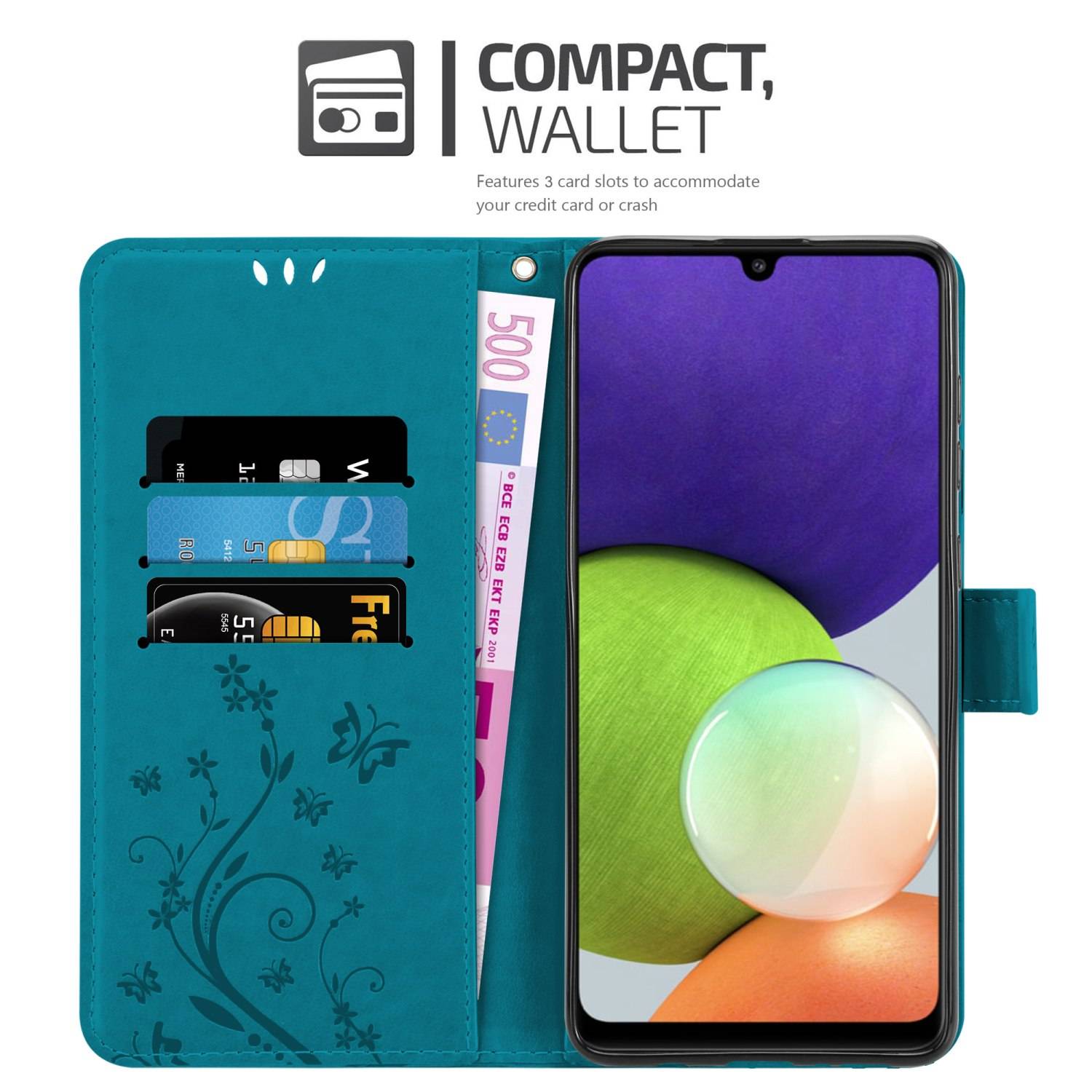 Cadorabo Hülle für Samsung Galaxy A22 4G / M22 / M32 4G Schutz Hülle in Blau Schutzhülle Handy Hülle Etui Case Blumen