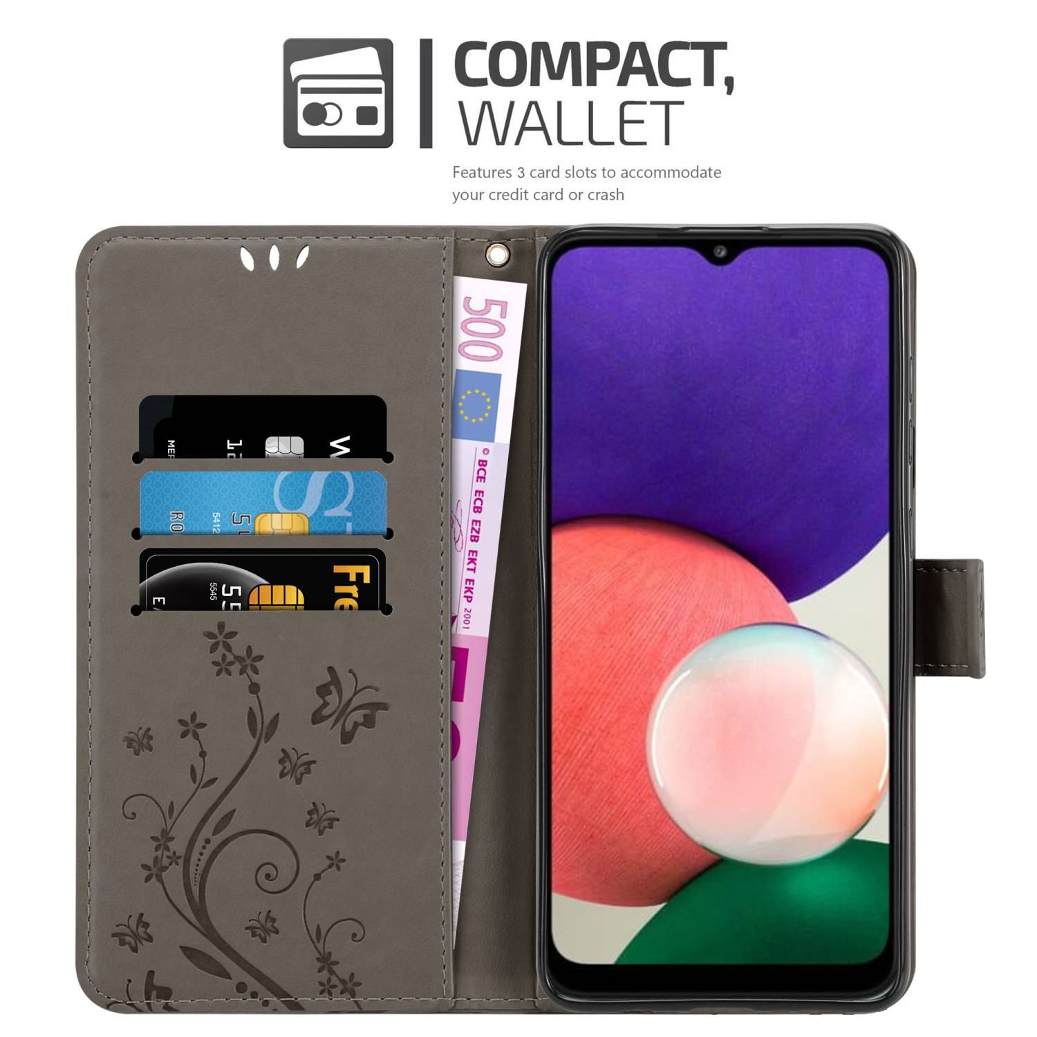 Cadorabo Hülle für Samsung Galaxy A22 5G Schutz Hülle in Grau Schutzhülle Handy Hülle Etui Case Blumen Flower