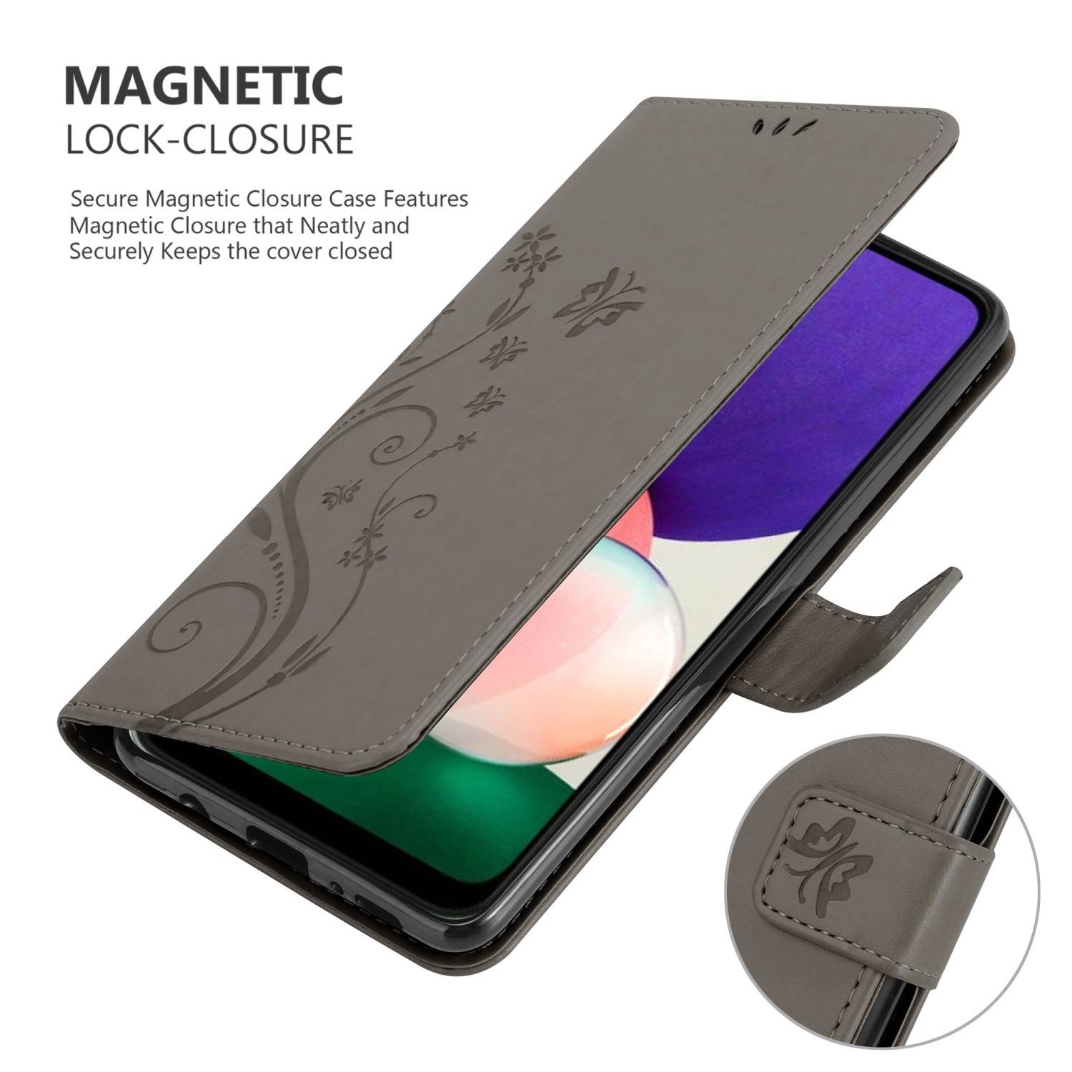 Cadorabo Hülle für Samsung Galaxy A22 5G Schutz Hülle in Grau Schutzhülle Handy Hülle Etui Case Blumen Flower