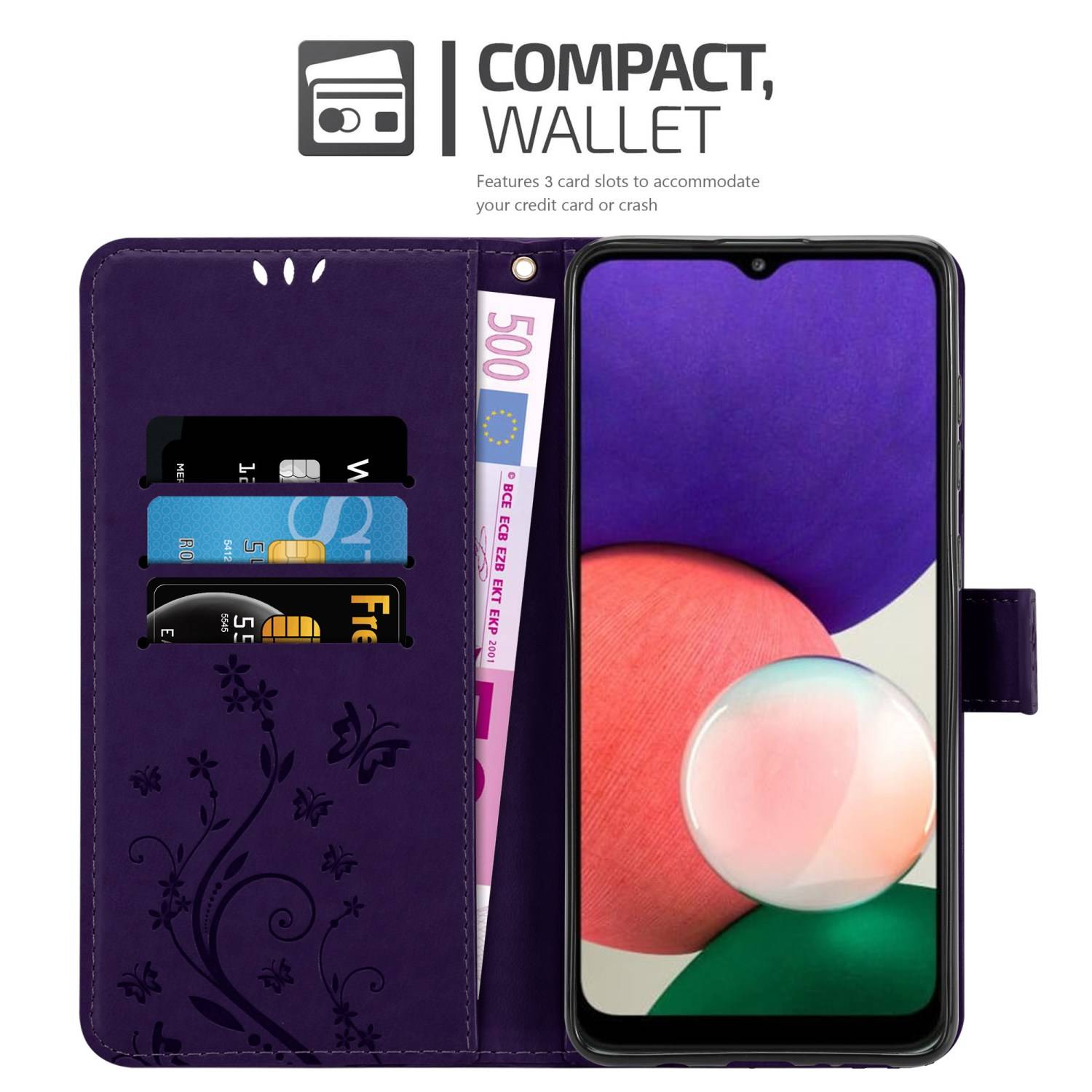 Cadorabo Hülle für Samsung Galaxy A22 5G Schutz Hülle in Lila Schutzhülle Handy Hülle Etui Case Blumen Flower