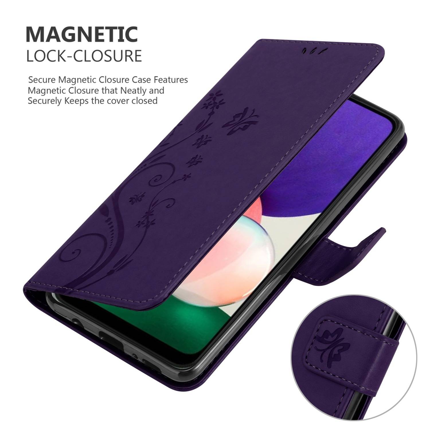 Cadorabo Hülle für Samsung Galaxy A22 5G Schutz Hülle in Lila Schutzhülle Handy Hülle Etui Case Blumen Flower