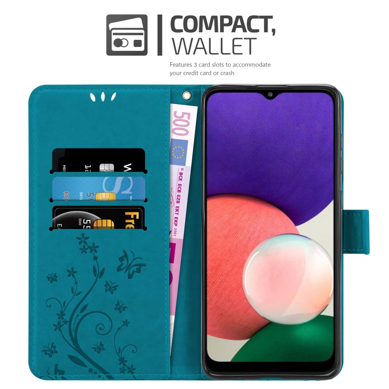 Cadorabo Hülle für Samsung Galaxy A22 5G Schutz Hülle in Blau Schutzhülle Handy Hülle Etui Case Blumen Flower