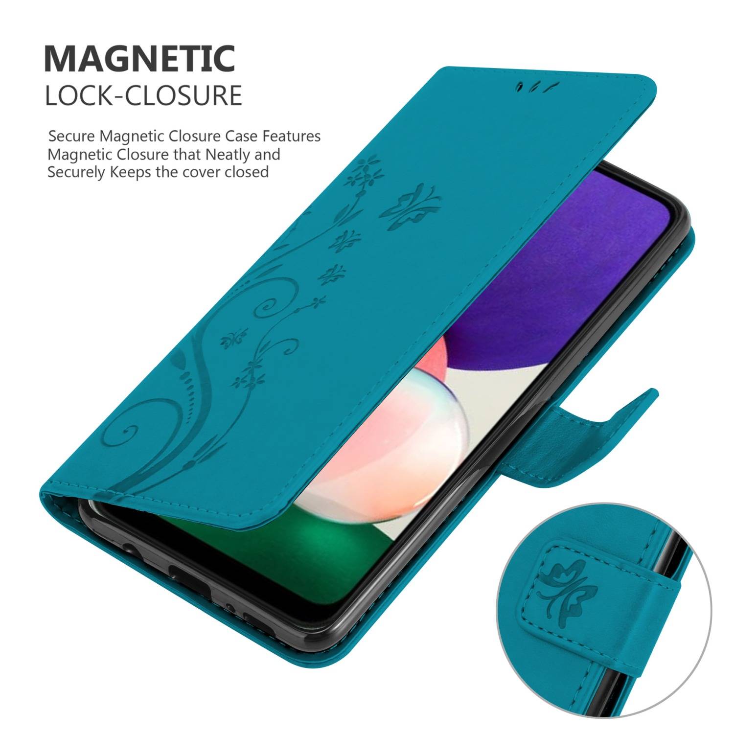 Cadorabo Hülle für Samsung Galaxy A22 5G Schutz Hülle in Blau Schutzhülle Handy Hülle Etui Case Blumen Flower