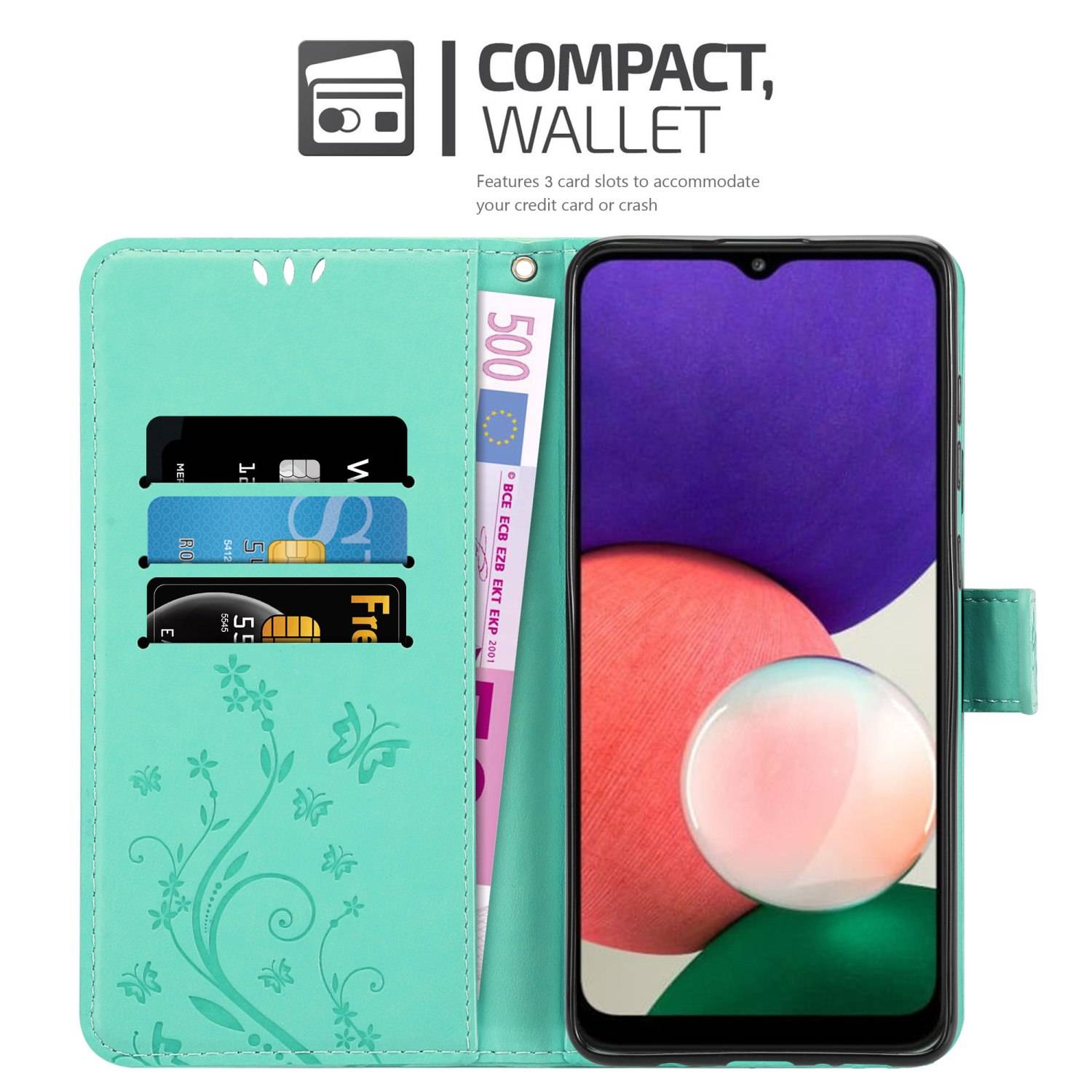 Cadorabo Hülle für Samsung Galaxy A22 5G Schutz Hülle in Türkis Schutzhülle Handy Hülle Etui Case Blumen Flower