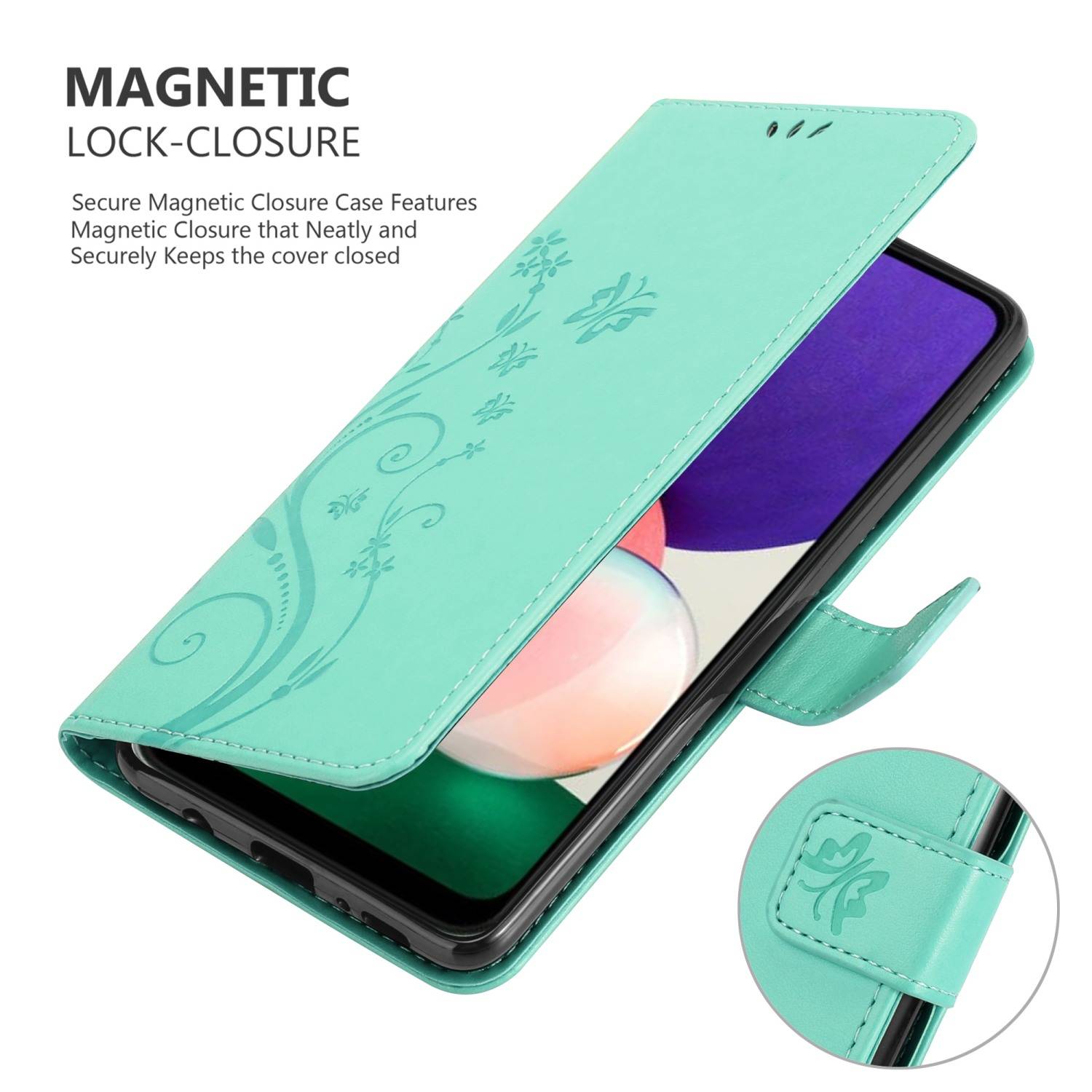 Cadorabo Hülle für Samsung Galaxy A22 5G Schutz Hülle in Türkis Schutzhülle Handy Hülle Etui Case Blumen Flower