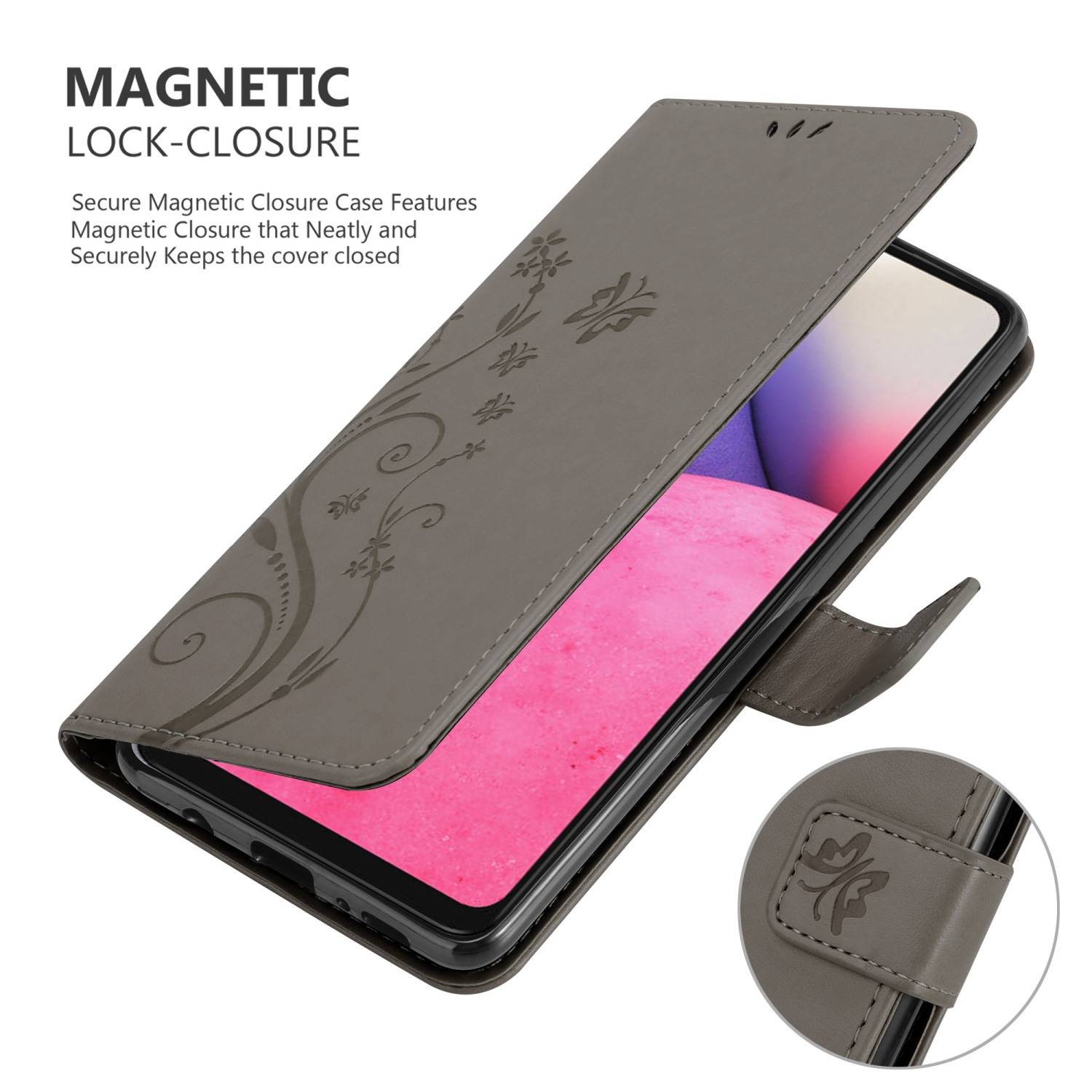 Cadorabo Hülle für Samsung Galaxy A33 5G Schutz Hülle in Grau Schutzhülle Handy Hülle Etui Case Blumen Flower
