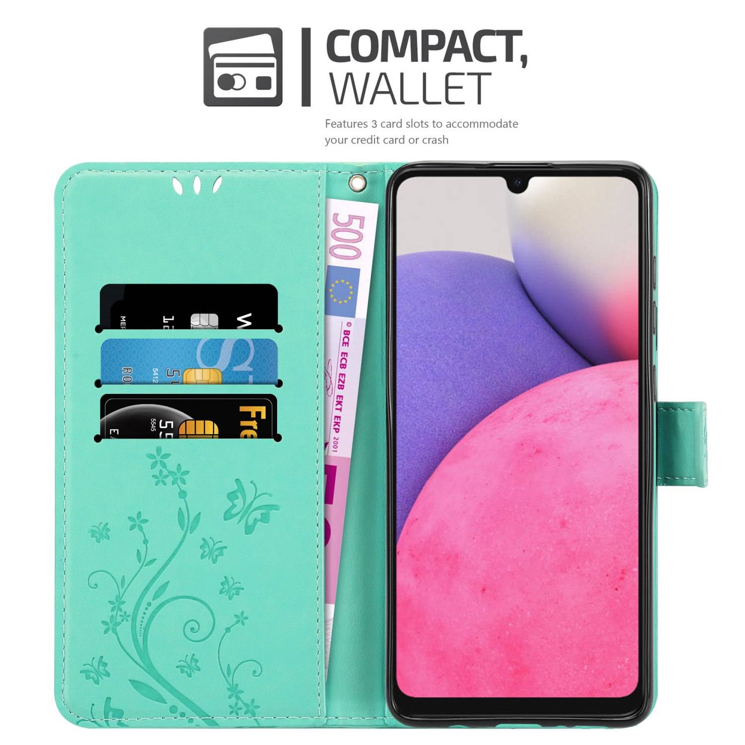 Cadorabo Hülle für Samsung Galaxy A33 5G Schutz Hülle in Türkis Schutzhülle Handy Hülle Etui Case Blumen Flower