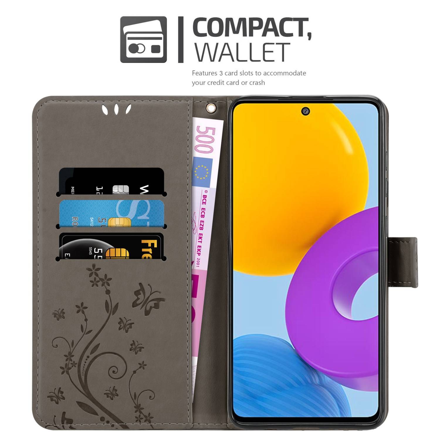 Cadorabo Hülle für Samsung Galaxy M52 5G Schutz Hülle in Grau Schutzhülle Handy Hülle Etui Case Blumen Flower