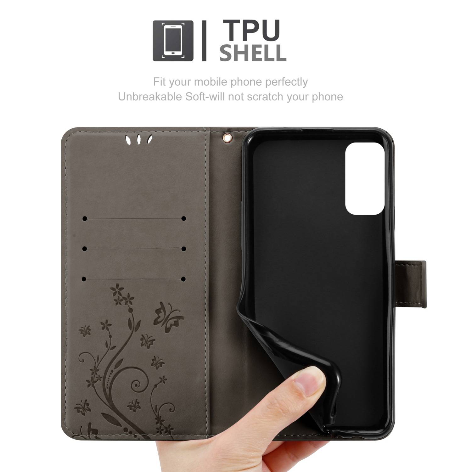 Cadorabo Hülle für Samsung Galaxy M52 5G Schutz Hülle in Grau Schutzhülle Handy Hülle Etui Case Blumen Flower