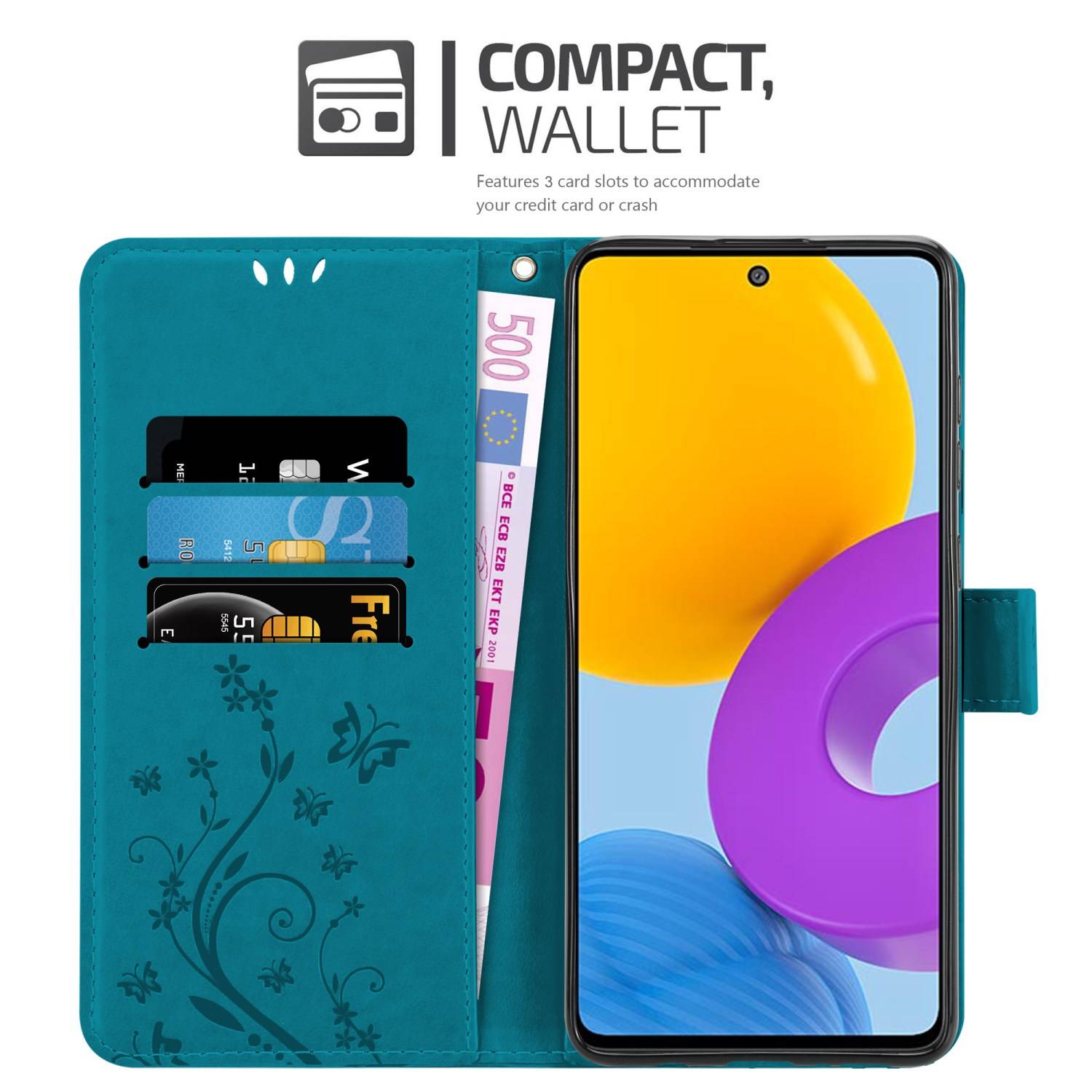 Cadorabo Hülle für Samsung Galaxy M52 5G Schutz Hülle in Blau Schutzhülle Handy Hülle Etui Case Blumen Flower