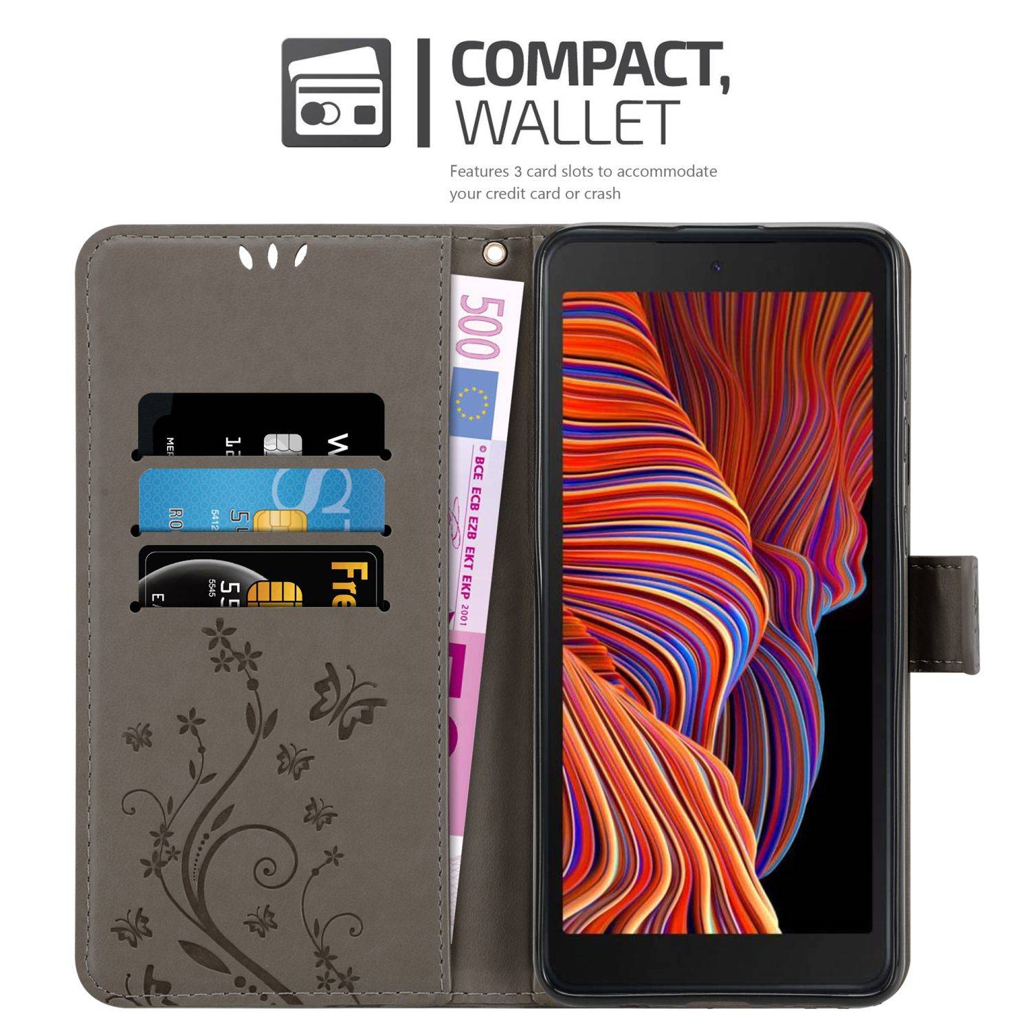 Cadorabo Hülle für Samsung Galaxy XCover 5 Schutz Hülle in Grau Schutzhülle Handy Hülle Etui Case Blumen Flower